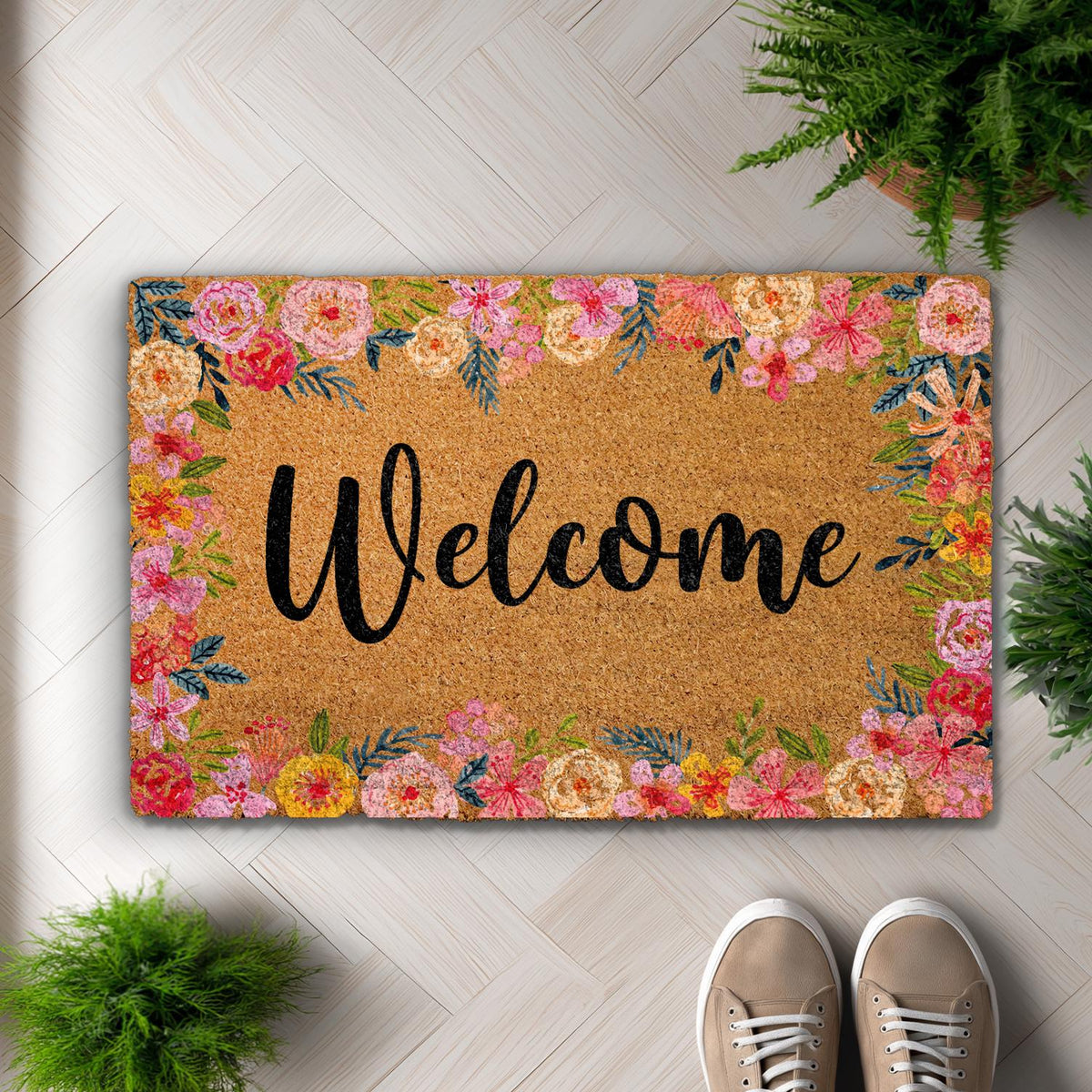 Welcome Floral Coco Doormat, Vibrant Flowers Rug, Cute Spring Entry Door Mat