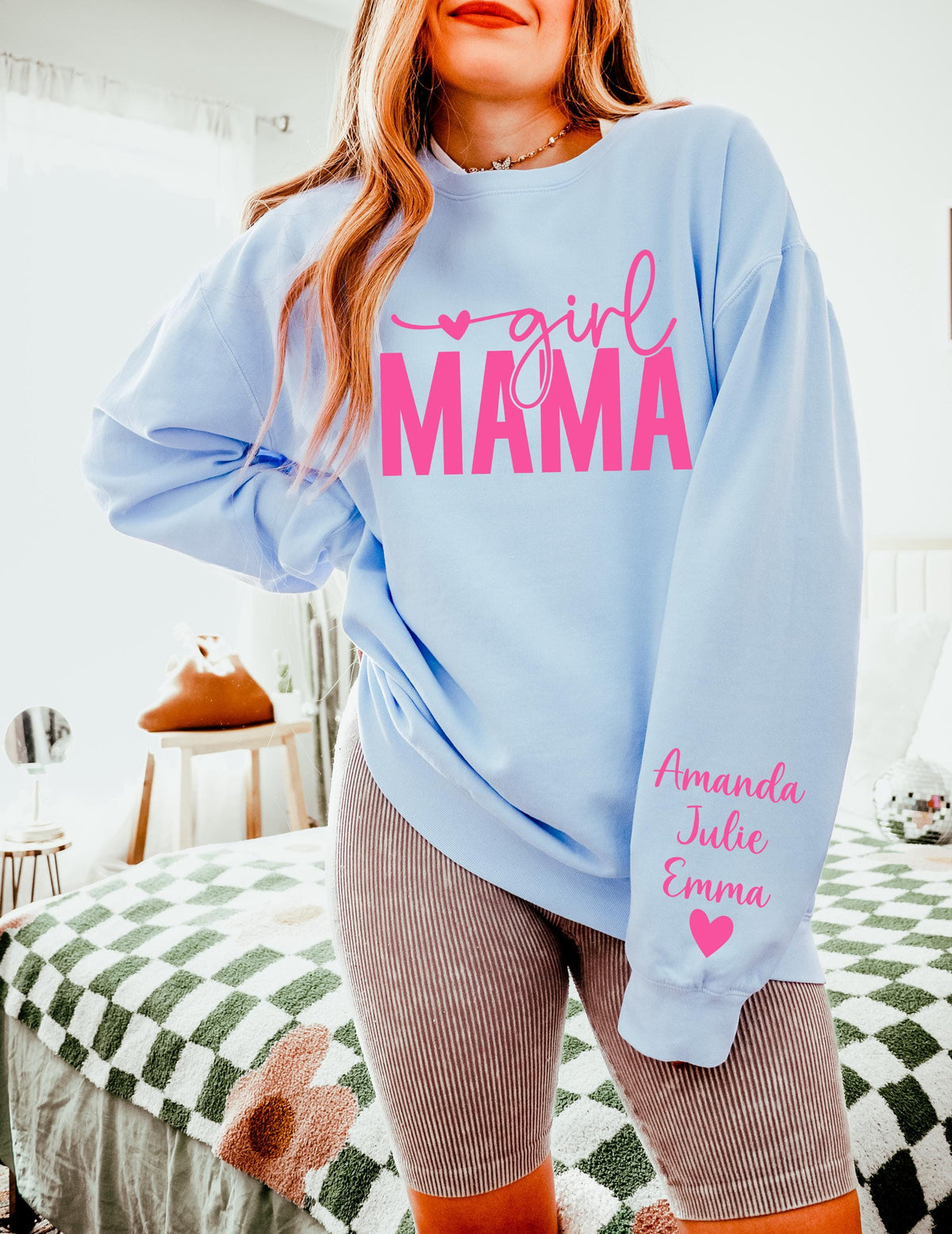 Personalized Girl Mama Shirt with Sleeve Names
