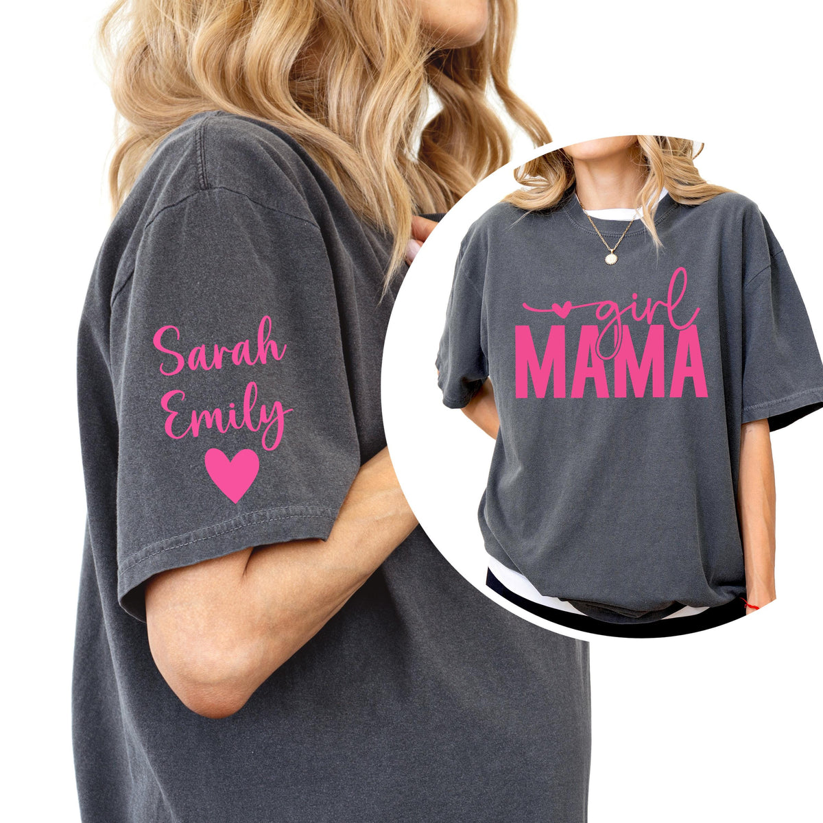 Personalized Girl Mama Shirt with Sleeve Names