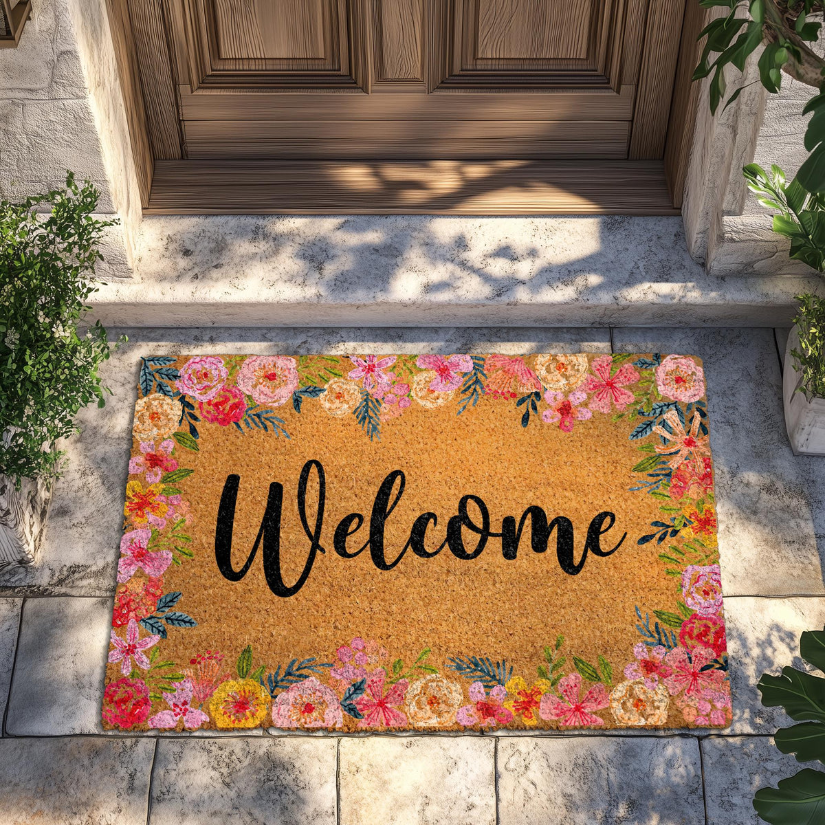 Welcome Floral Coco Doormat, Vibrant Flowers Rug, Cute Spring Entry Door Mat