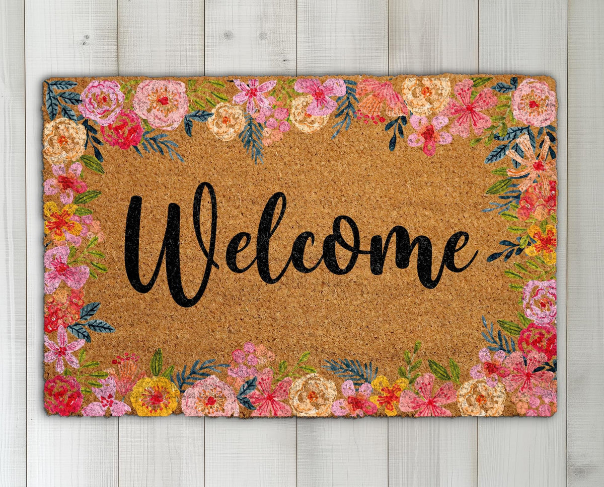 Welcome Floral Coco Doormat, Vibrant Flowers Rug, Cute Spring Entry Door Mat