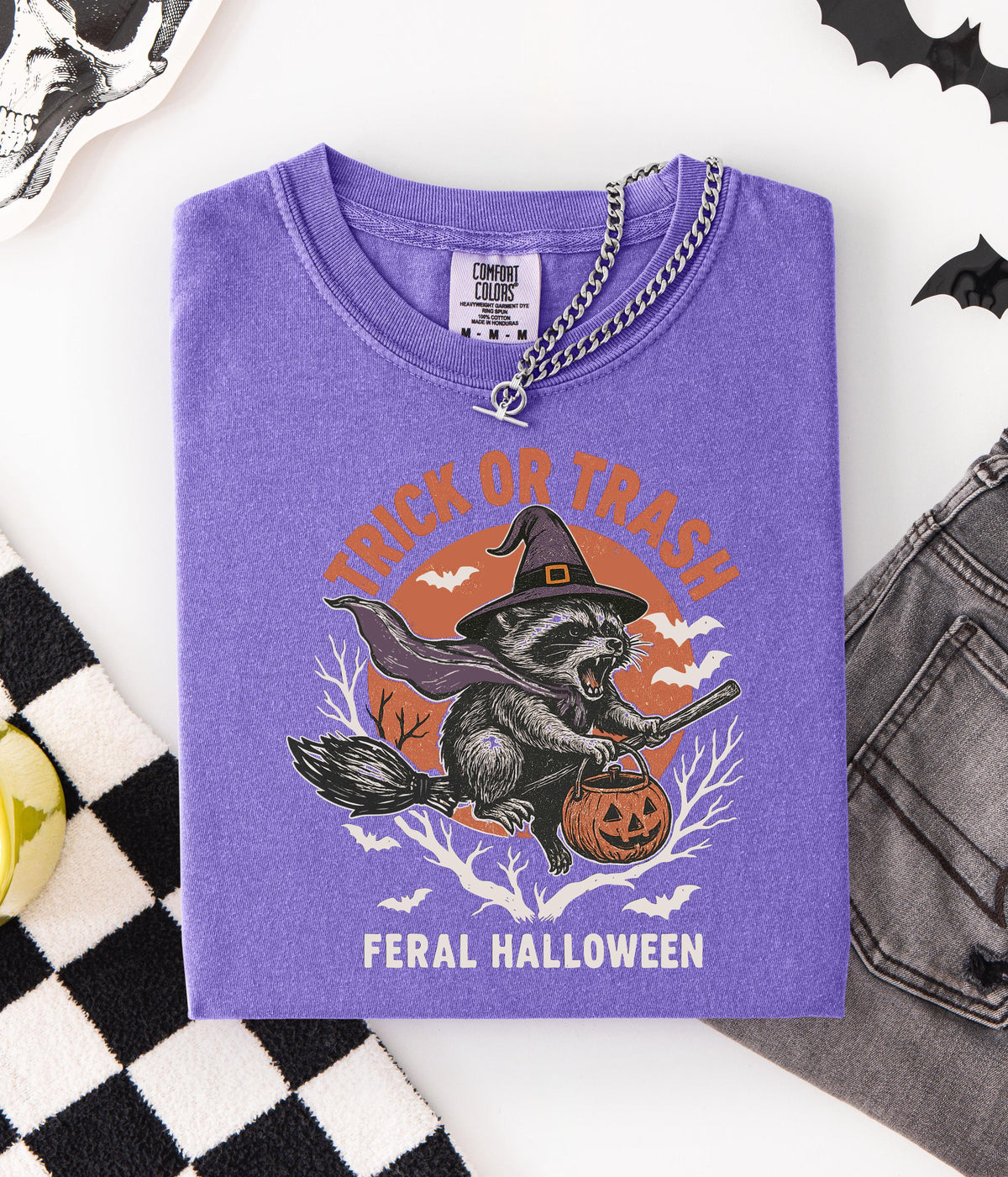 Comfort Colors® Trick or Trash Halloween Shirt, Spooky Season Racoon T-shirt, Spooky Vibes Funny Racoon Tee, Witch Racoon Family Crewneck