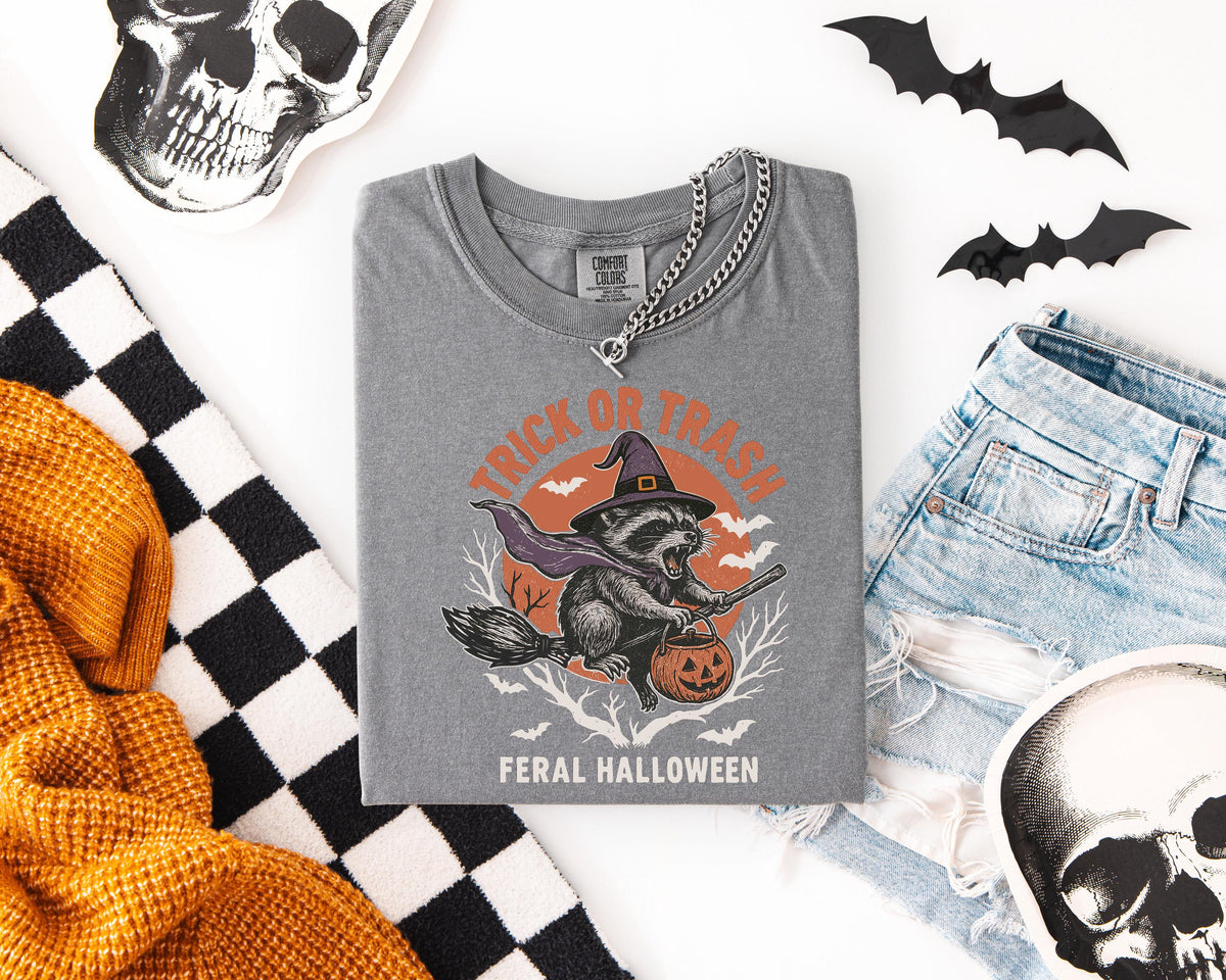 Comfort Colors® Trick or Trash Halloween Shirt, Spooky Season Racoon T-shirt, Spooky Vibes Funny Racoon Tee, Witch Racoon Family Crewneck