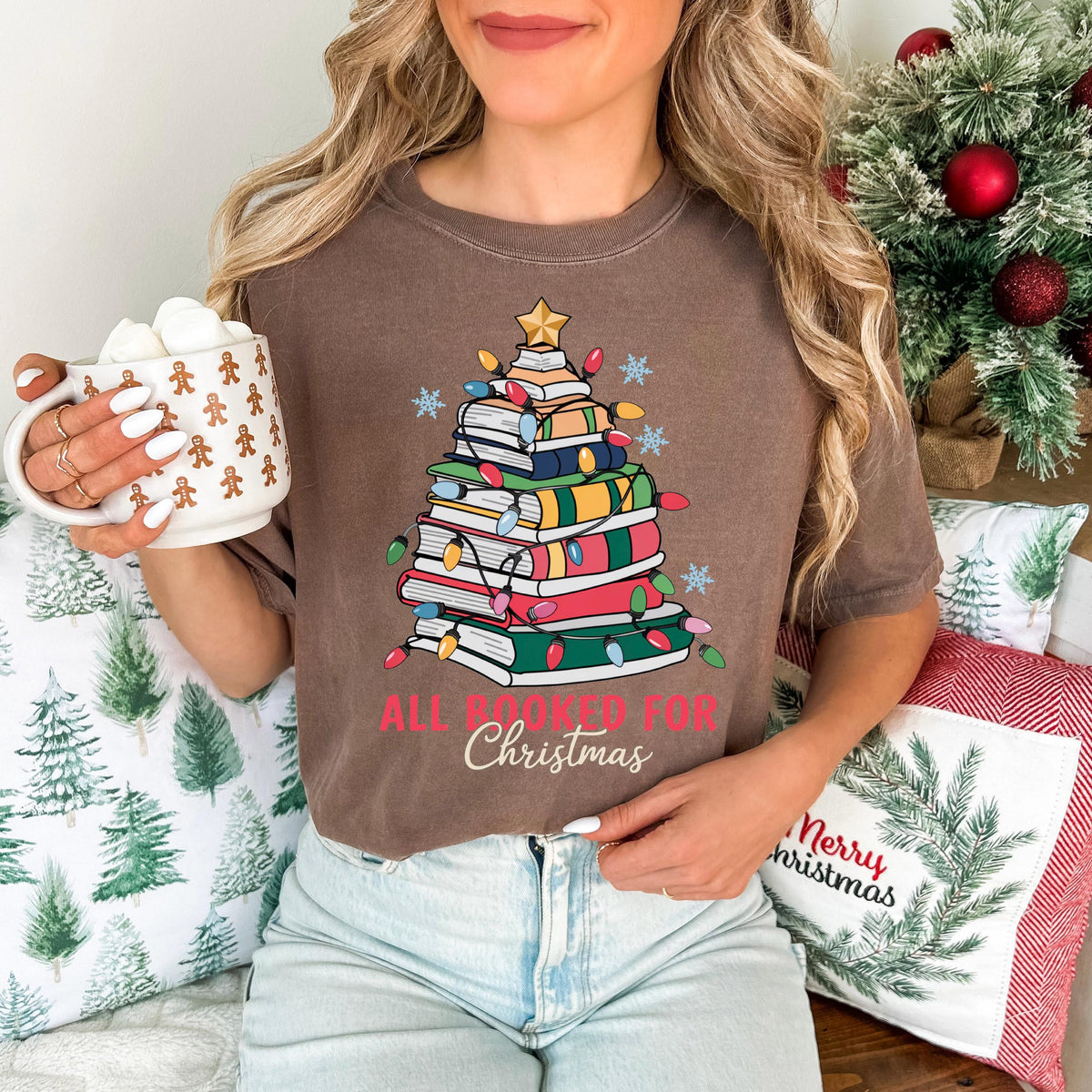 All Booked for Christmas Comfort Colors® T-shirt, Christmas Book Tree Shirt, Bookish Christmas Lights Long Sleeve, Teacher Xmas Gift Tee
