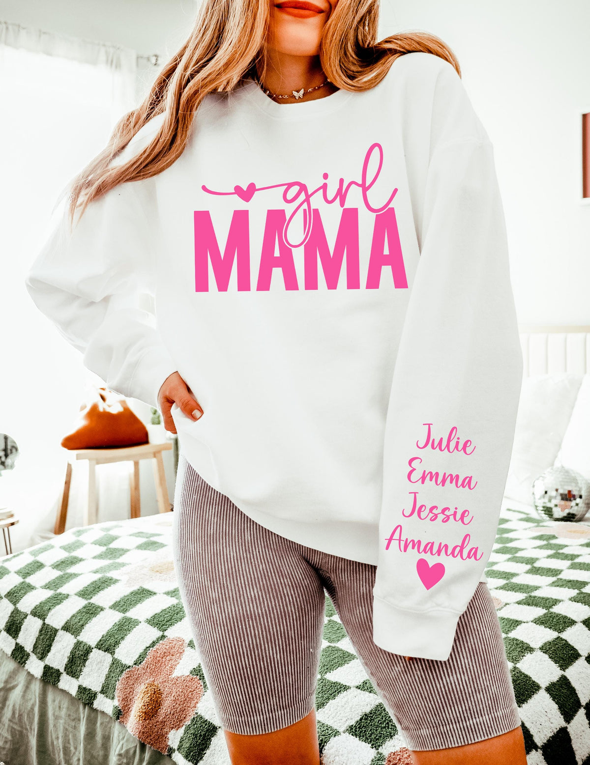 Personalized Girl Mama Shirt with Sleeve Names