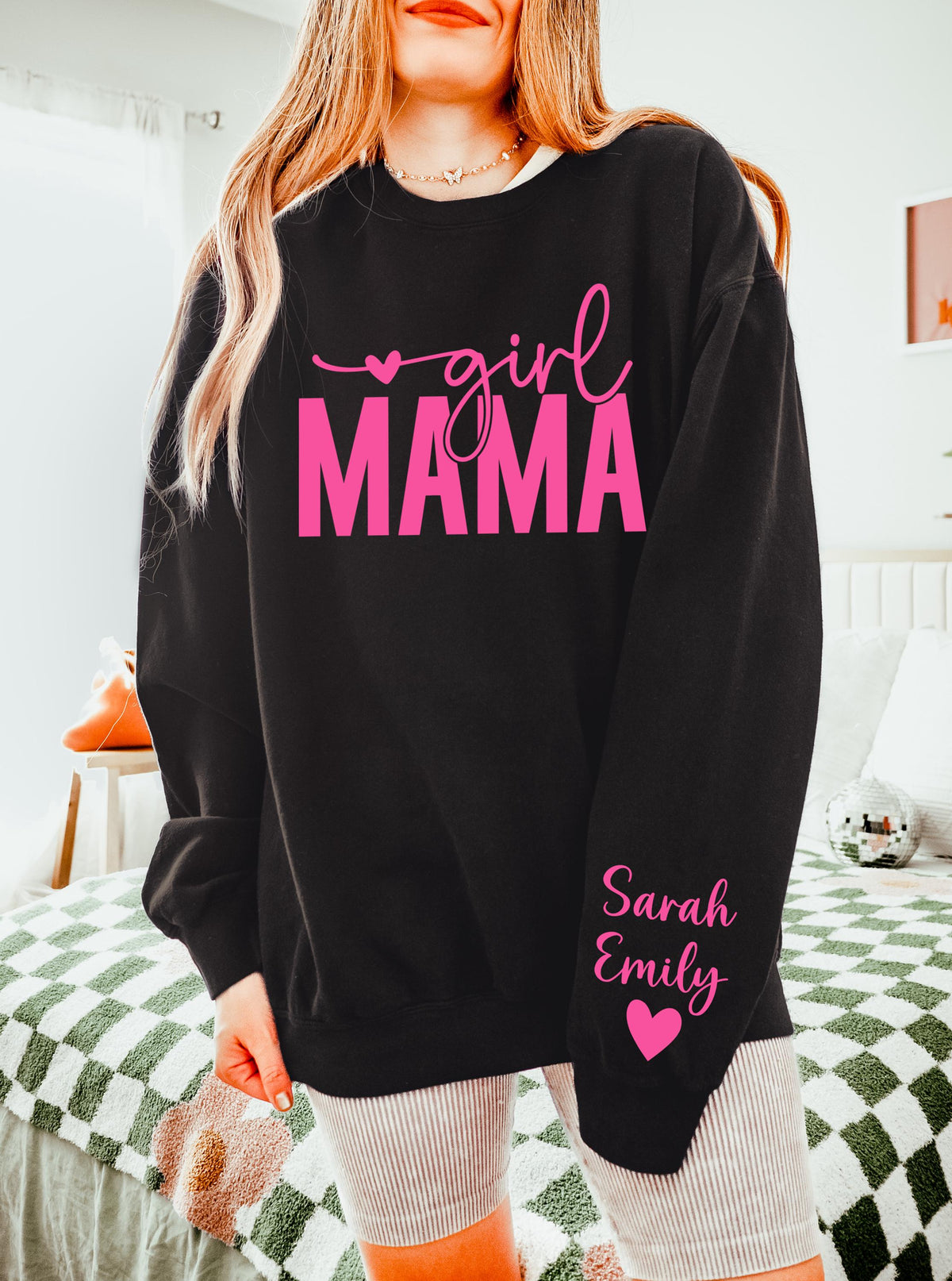 Personalized Girl Mama Shirt with Sleeve Names