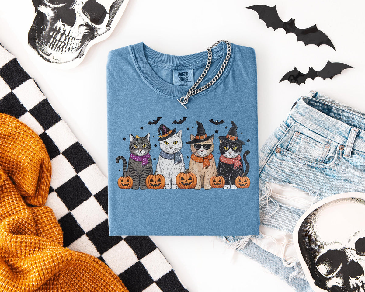 Cool Witch Cats Design Halloween Comfort Colors® T-Shirt, Spooky Season Pumpkins And Cats Theme Shirt, Pumpkin Season Witchy Crewneck Tee