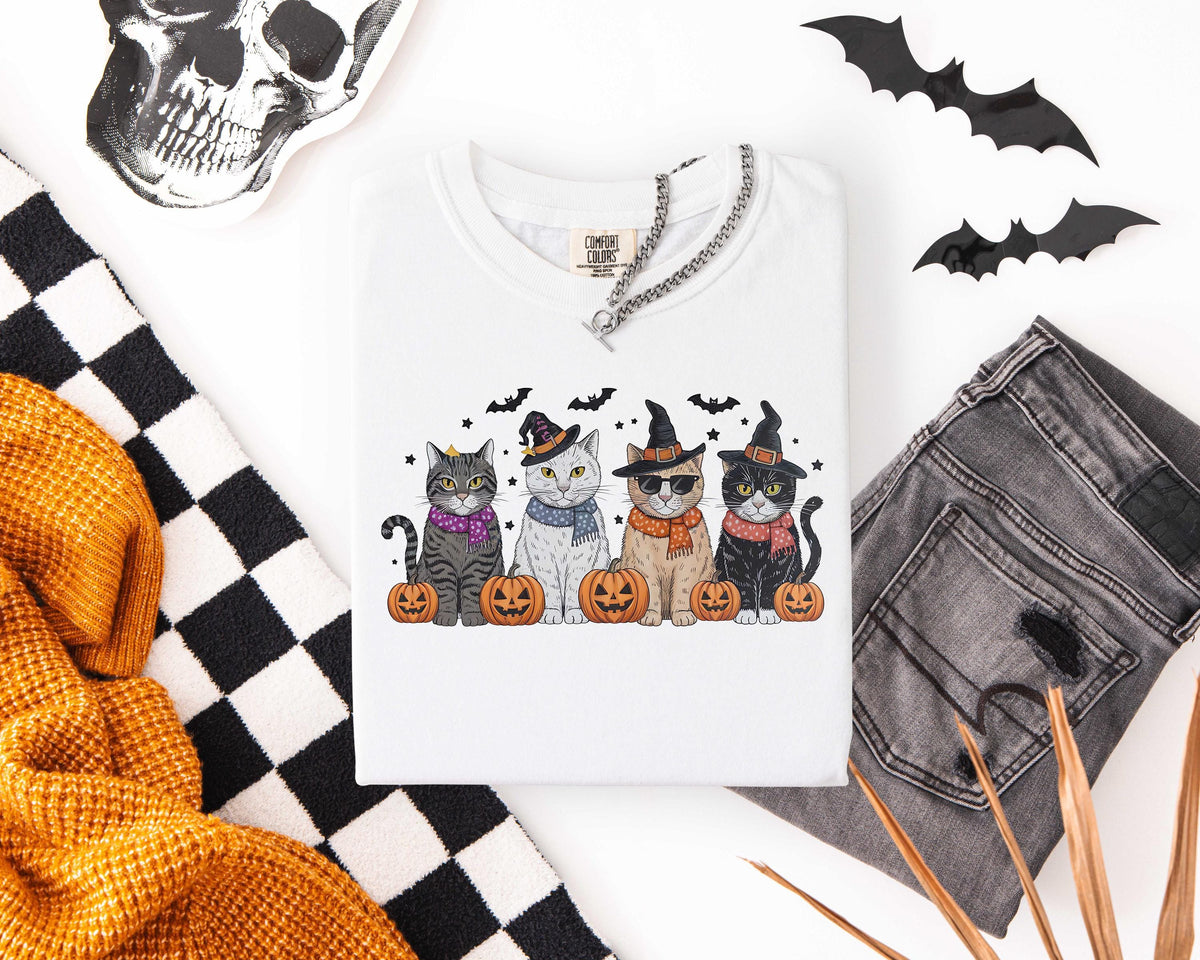 Cool Witch Cats Design Halloween Comfort Colors® T-Shirt, Spooky Season Pumpkins And Cats Theme Shirt, Pumpkin Season Witchy Crewneck Tee