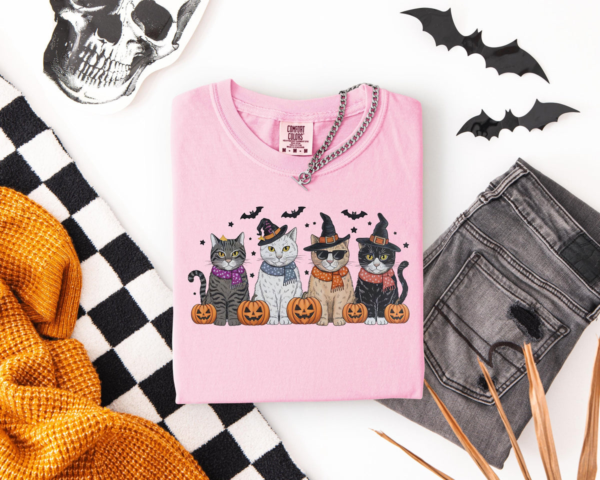 Cool Witch Cats Design Halloween Comfort Colors® T-Shirt, Spooky Season Pumpkins And Cats Theme Shirt, Pumpkin Season Witchy Crewneck Tee