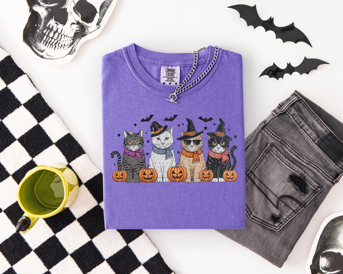 Cool Witch Cats Design Halloween Comfort Colors® T-Shirt, Spooky Season Pumpkins And Cats Theme Shirt, Pumpkin Season Witchy Crewneck Tee