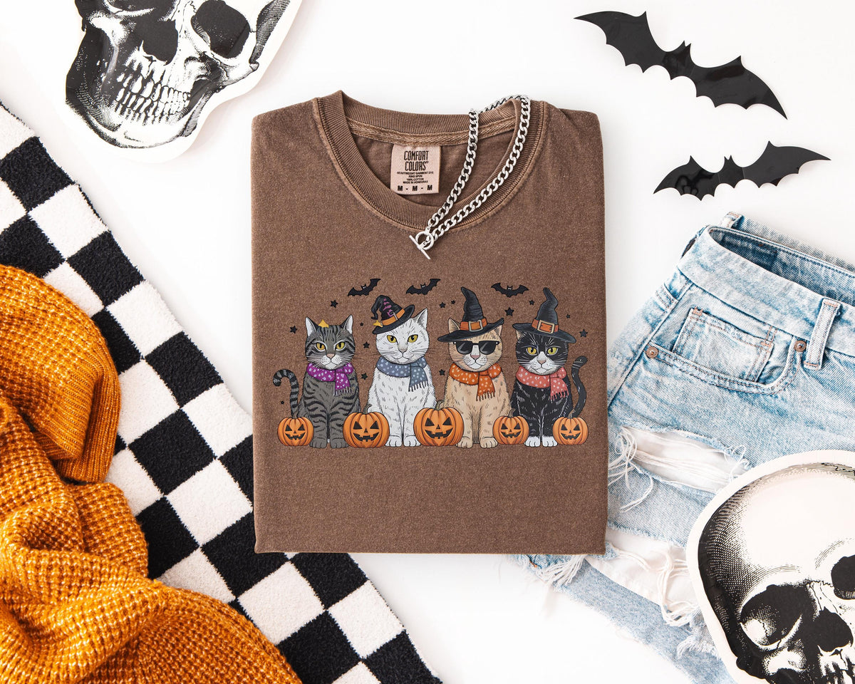 Cool Witch Cats Design Halloween Comfort Colors® T-Shirt, Spooky Season Pumpkins And Cats Theme Shirt, Pumpkin Season Witchy Crewneck Tee