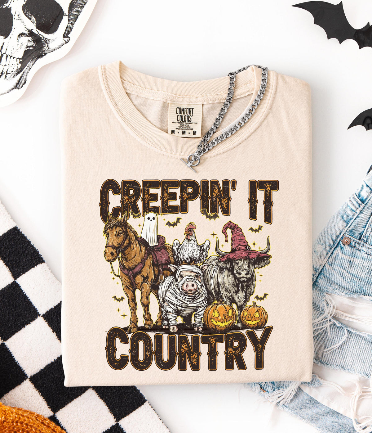 Creepin' it Country Halloween Comfort Colors® Shirt, Boo Crew T-shirt, Spooky Western Tee, Spooky Vibes Gift, Boys Trip Halloween Crewneck