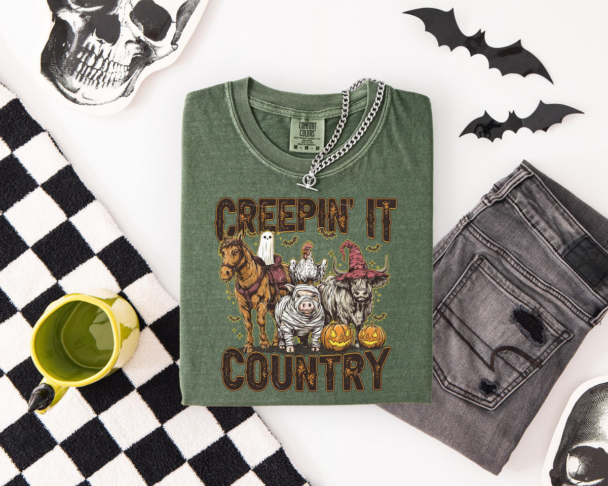 Creepin' it Country Halloween Comfort Colors® Shirt, Boo Crew T-shirt, Spooky Western Tee, Spooky Vibes Gift, Boys Trip Halloween Crewneck