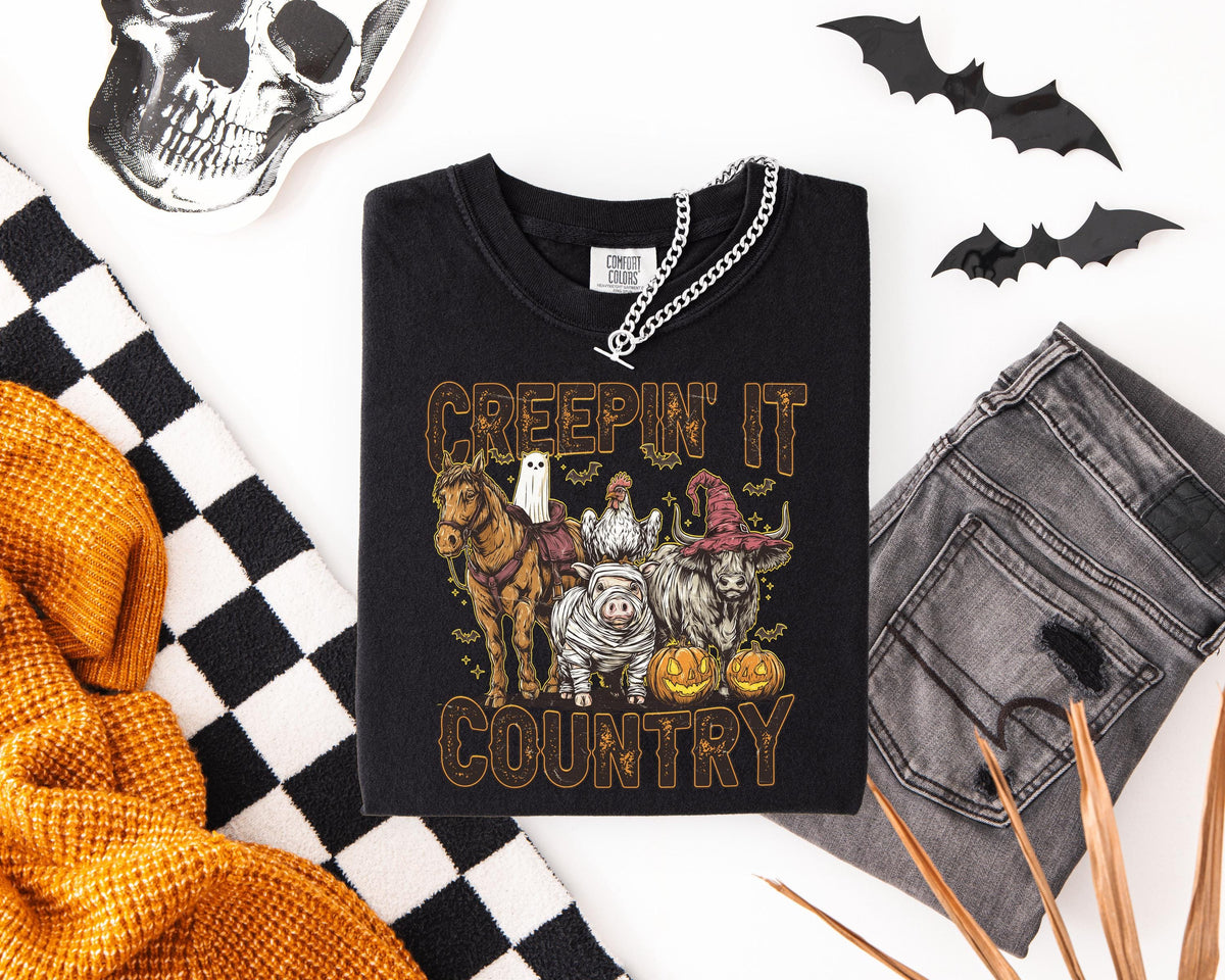 Creepin' it Country Halloween Comfort Colors® Shirt, Boo Crew T-shirt, Spooky Western Tee, Spooky Vibes Gift, Boys Trip Halloween Crewneck