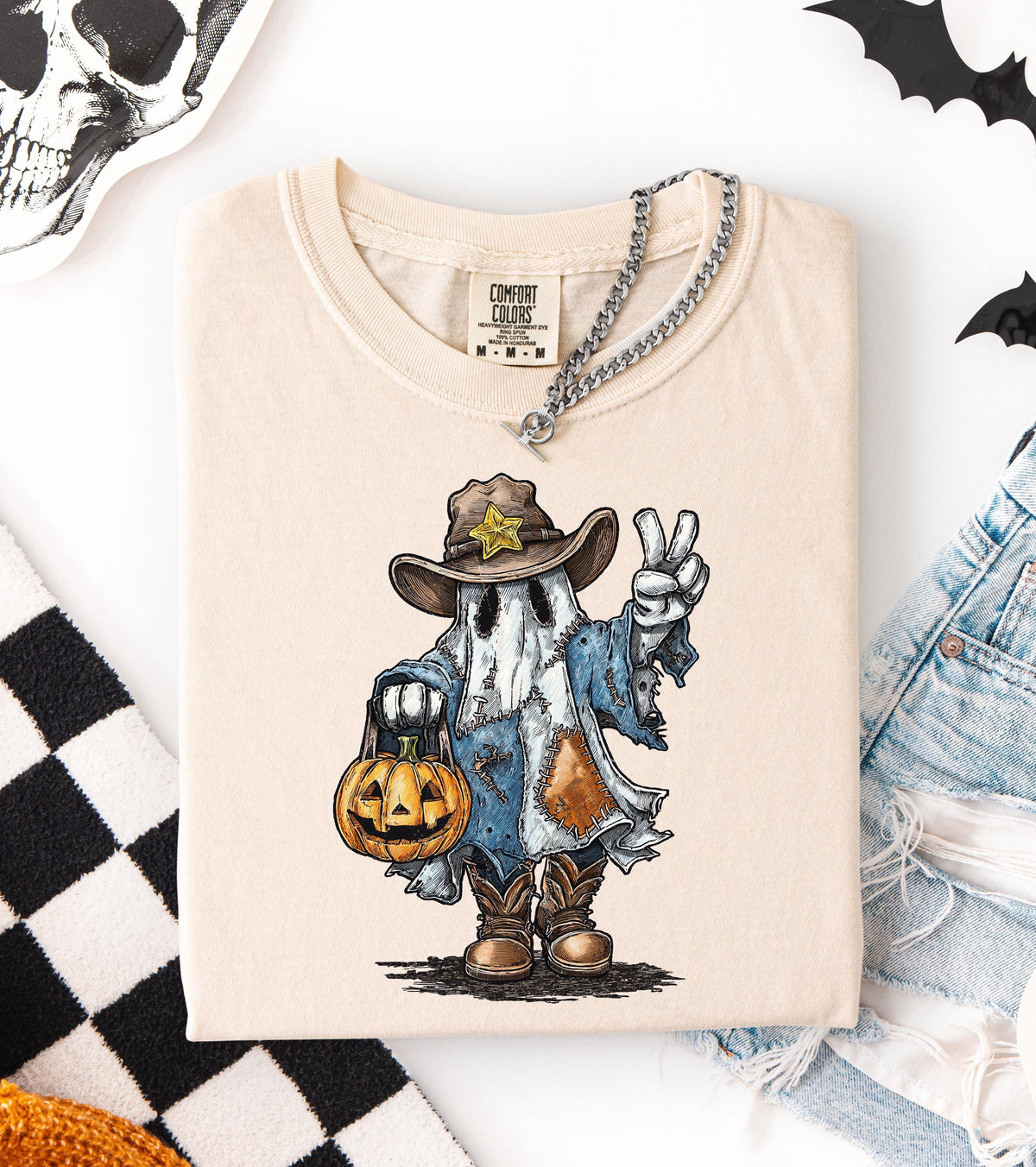 Sheriff Ghost Halloween Comfort Colors® Shirt, Boo Crew Pumpkin T-shirt, Spooky Western Tee, Spooky Vibes Gift, Boys Trip Halloween Crewneck