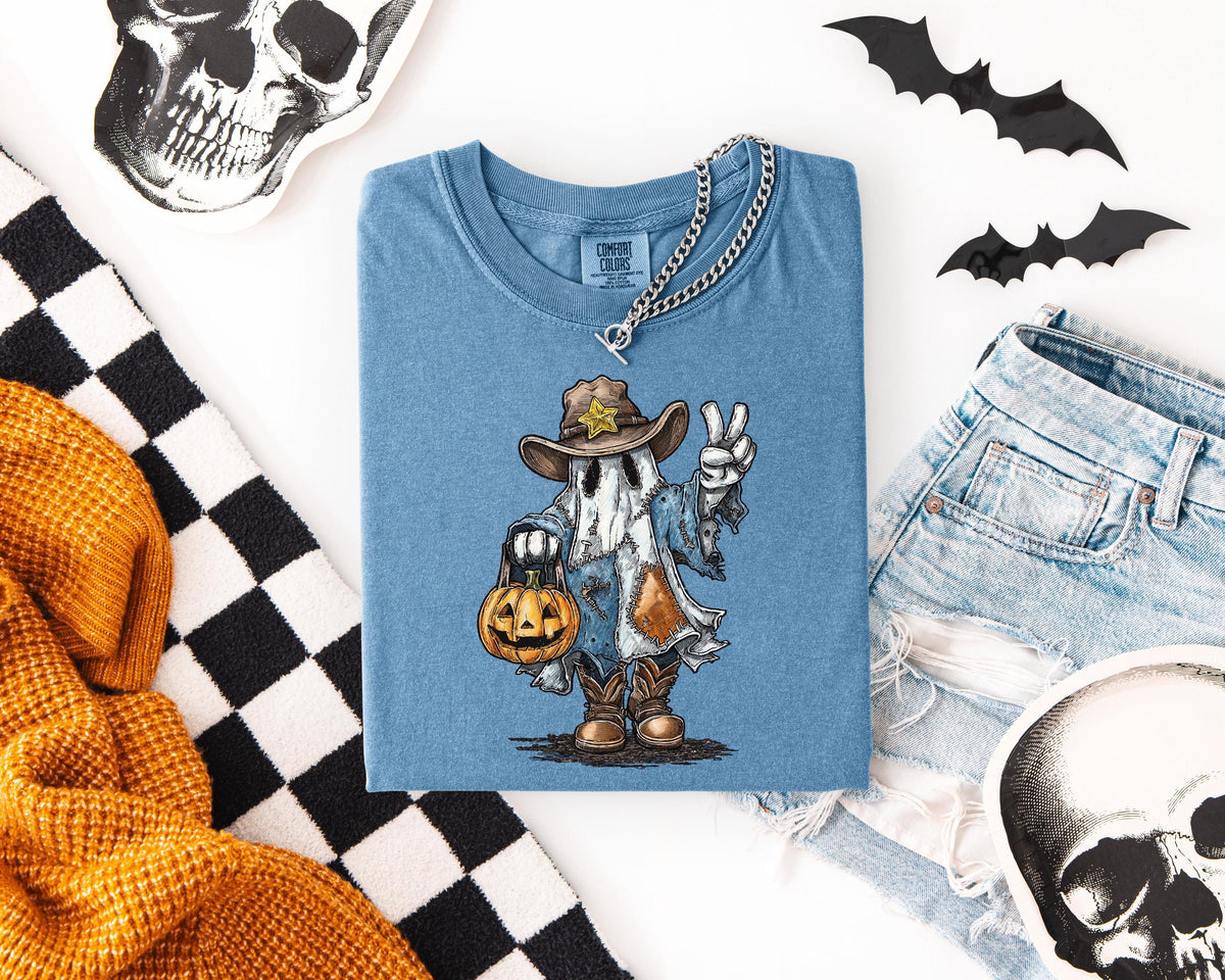 Sheriff Ghost Halloween Comfort Colors® Shirt, Boo Crew Pumpkin T-shirt, Spooky Western Tee, Spooky Vibes Gift, Boys Trip Halloween Crewneck