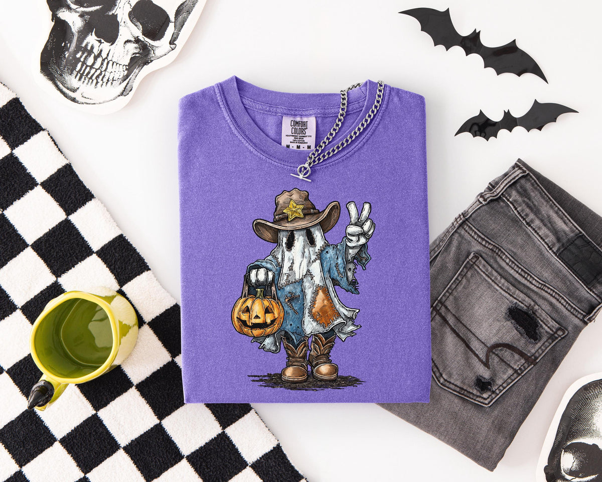 Sheriff Ghost Halloween Comfort Colors® Shirt, Boo Crew Pumpkin T-shirt, Spooky Western Tee, Spooky Vibes Gift, Boys Trip Halloween Crewneck