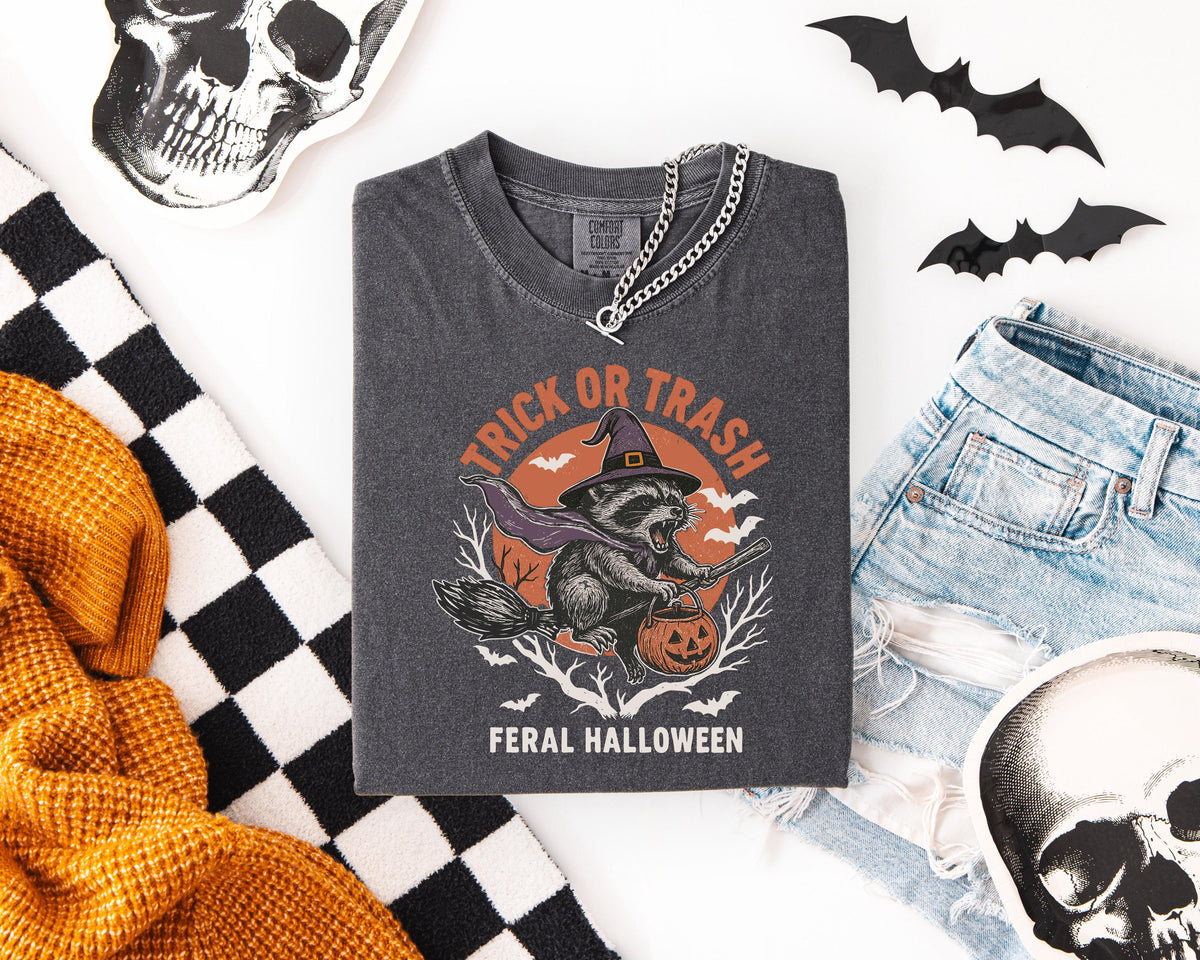 Comfort Colors® Trick or Trash Halloween Shirt, Spooky Season Racoon T-shirt, Spooky Vibes Funny Racoon Tee, Witch Racoon Family Crewneck