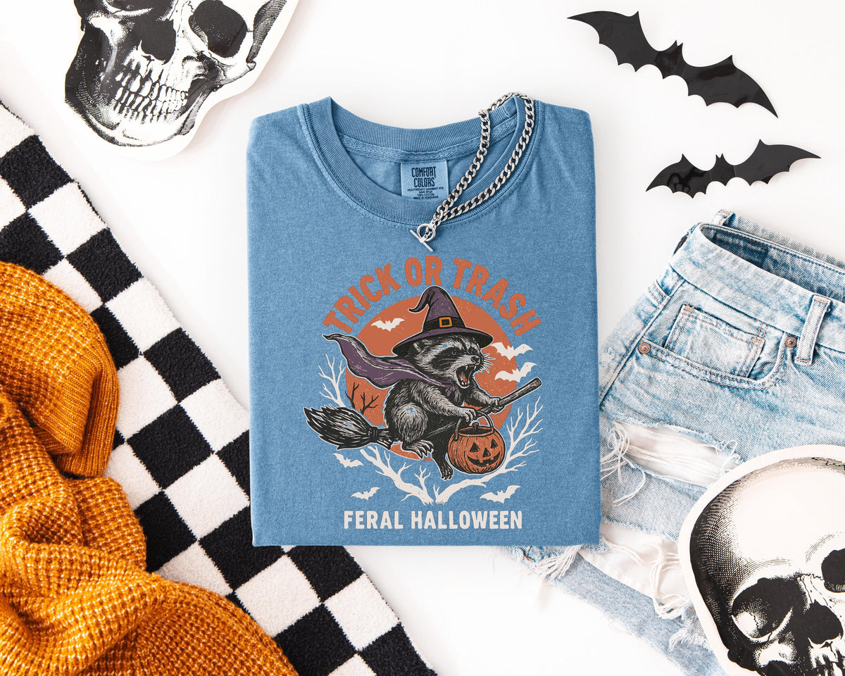 Comfort Colors® Trick or Trash Halloween Shirt, Spooky Season Racoon T-shirt, Spooky Vibes Funny Racoon Tee, Witch Racoon Family Crewneck