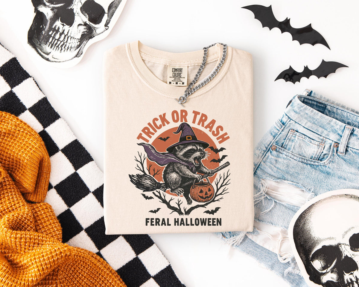Comfort Colors® Trick or Trash Halloween Shirt, Spooky Season Racoon T-shirt, Spooky Vibes Funny Racoon Tee, Witch Racoon Family Crewneck