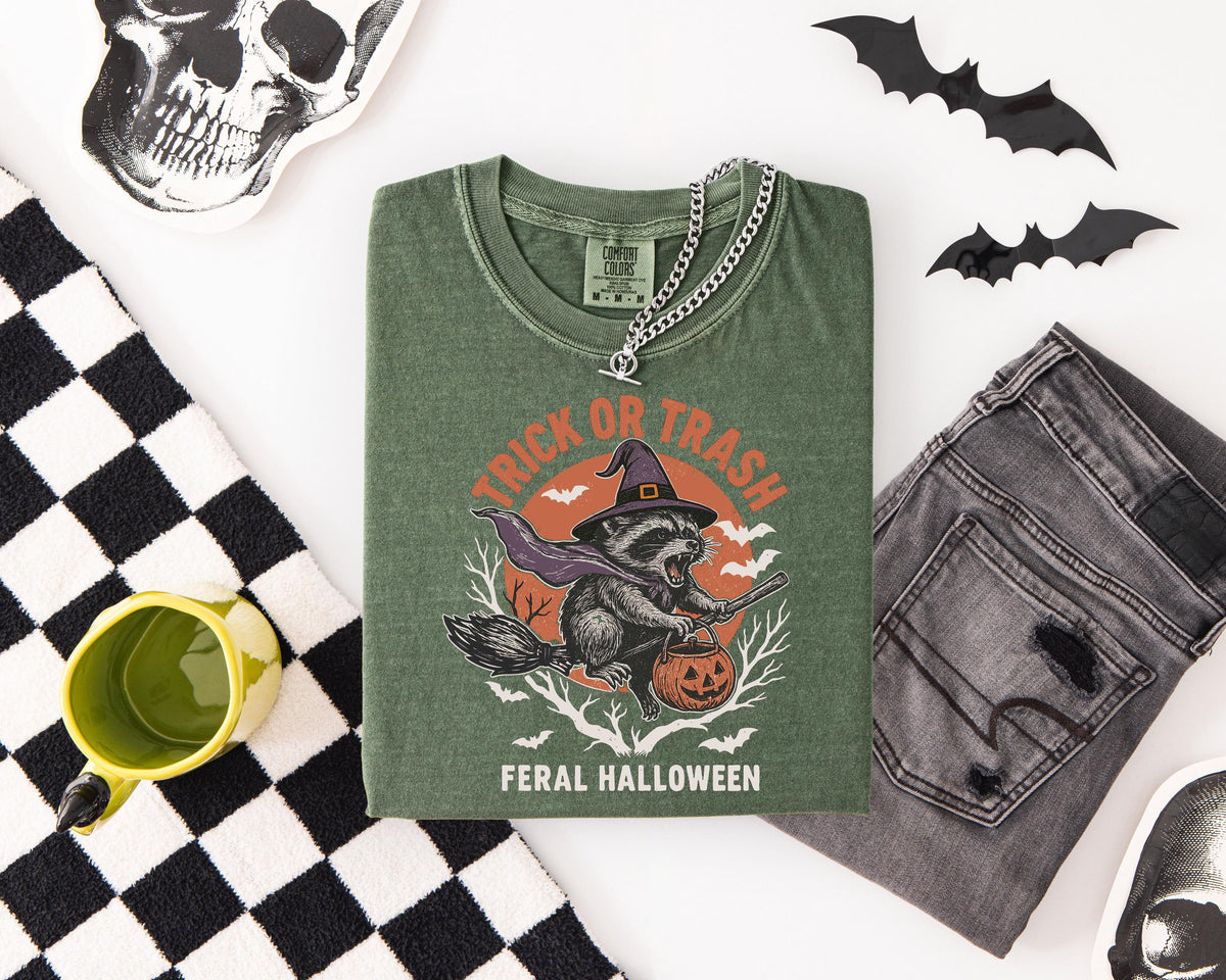 Comfort Colors® Trick or Trash Halloween Shirt, Spooky Season Racoon T-shirt, Spooky Vibes Funny Racoon Tee, Witch Racoon Family Crewneck