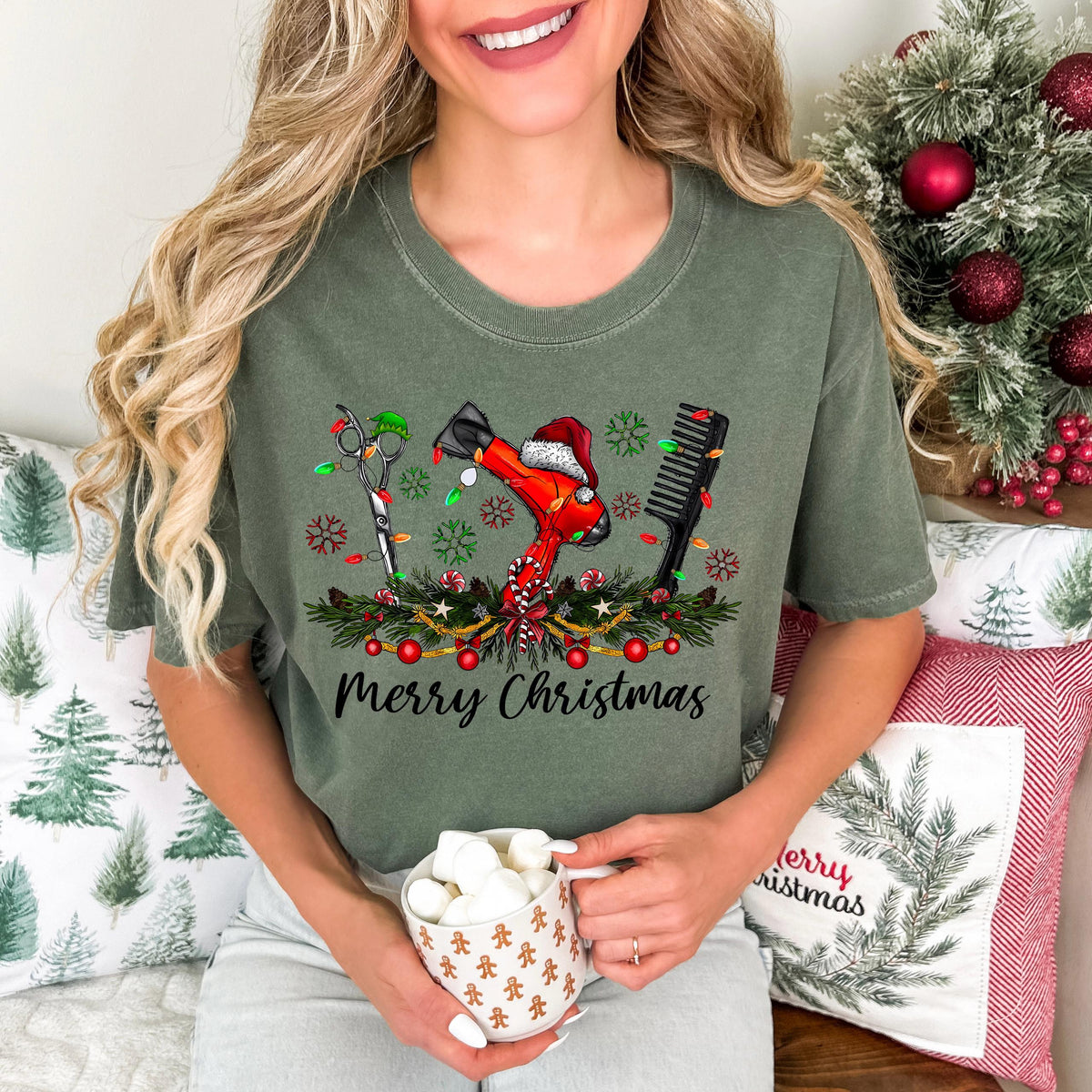Comfort Colors® Hair Stylist Merry Christmas T-Shirt, Hair Salon Employees Xmas Holiday Matching Shirt, Christmas Theme Hair Tools Crewneck