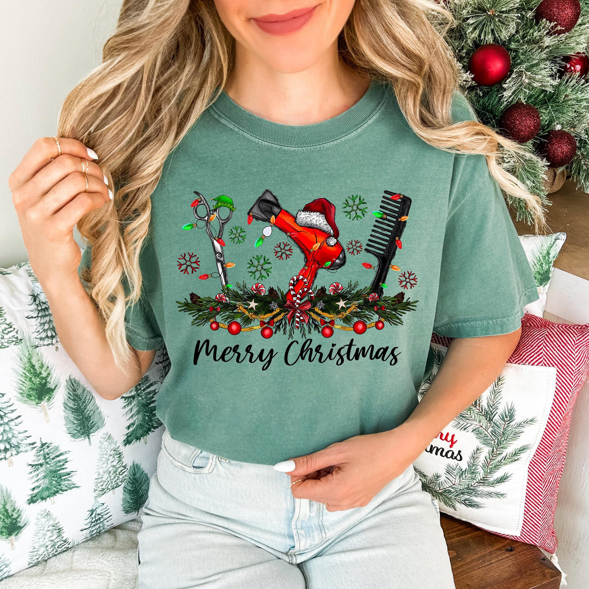 Comfort Colors® Hair Stylist Merry Christmas T-Shirt, Hair Salon Employees Xmas Holiday Matching Shirt, Christmas Theme Hair Tools Crewneck