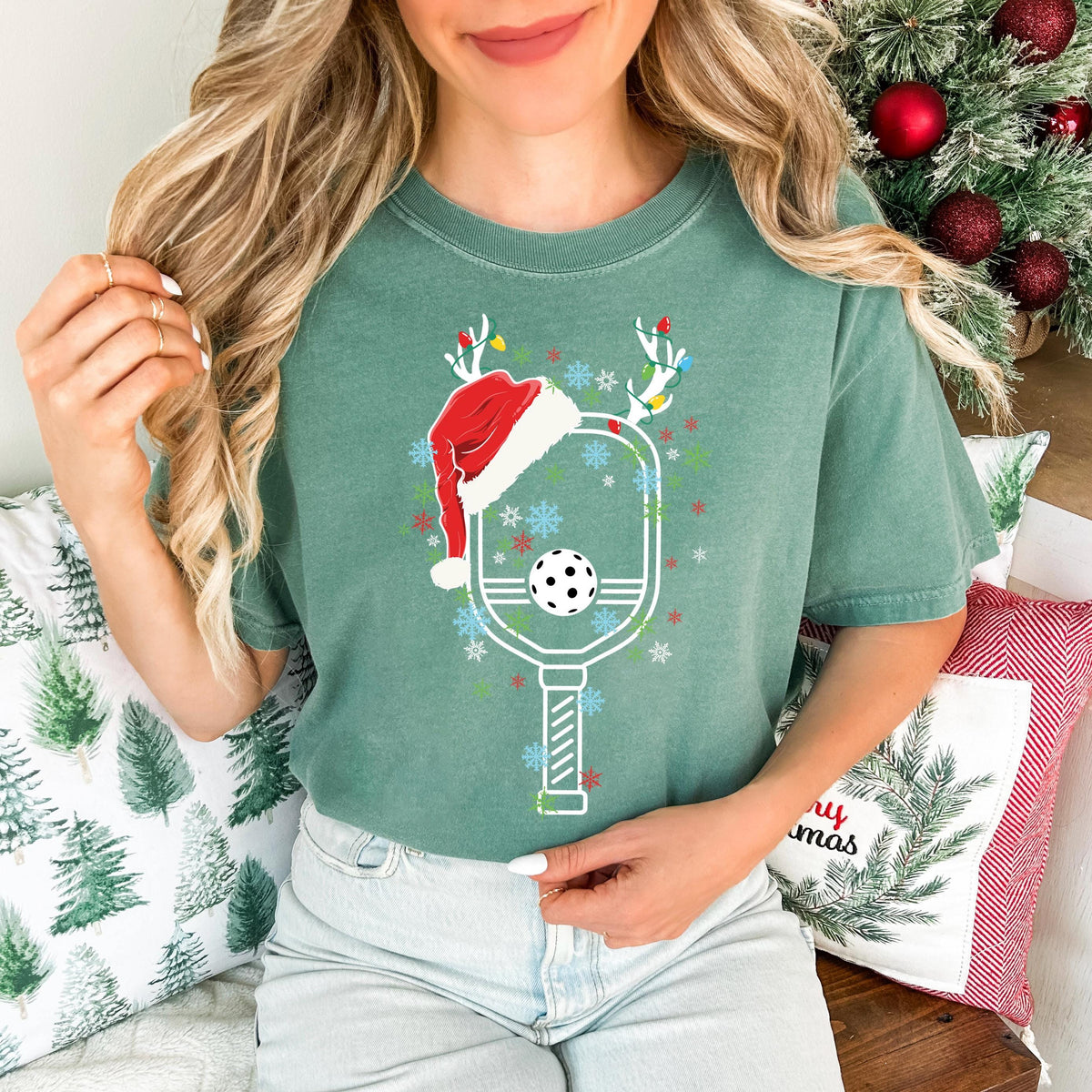 Pickleball Christmas Comfort Colors® T-Shirt, Santa Hat Pickleball Racket Shirt, Pickleball Team Xmas Celebration Party Tee, Xmas Sport Gift