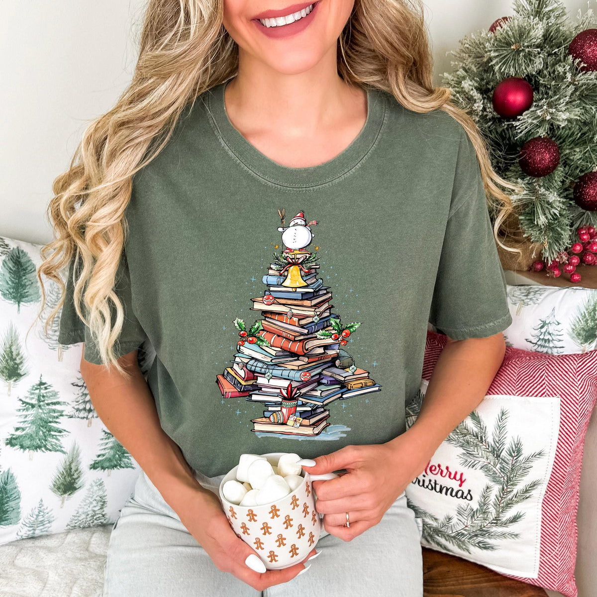 Christmas Book Tree Comfort Colors® T-shirt, Xmas Book Lovers Snowman Shirt, Bookish Christmas Lights Tee, Librarian Xmas Gift Long Sleeve