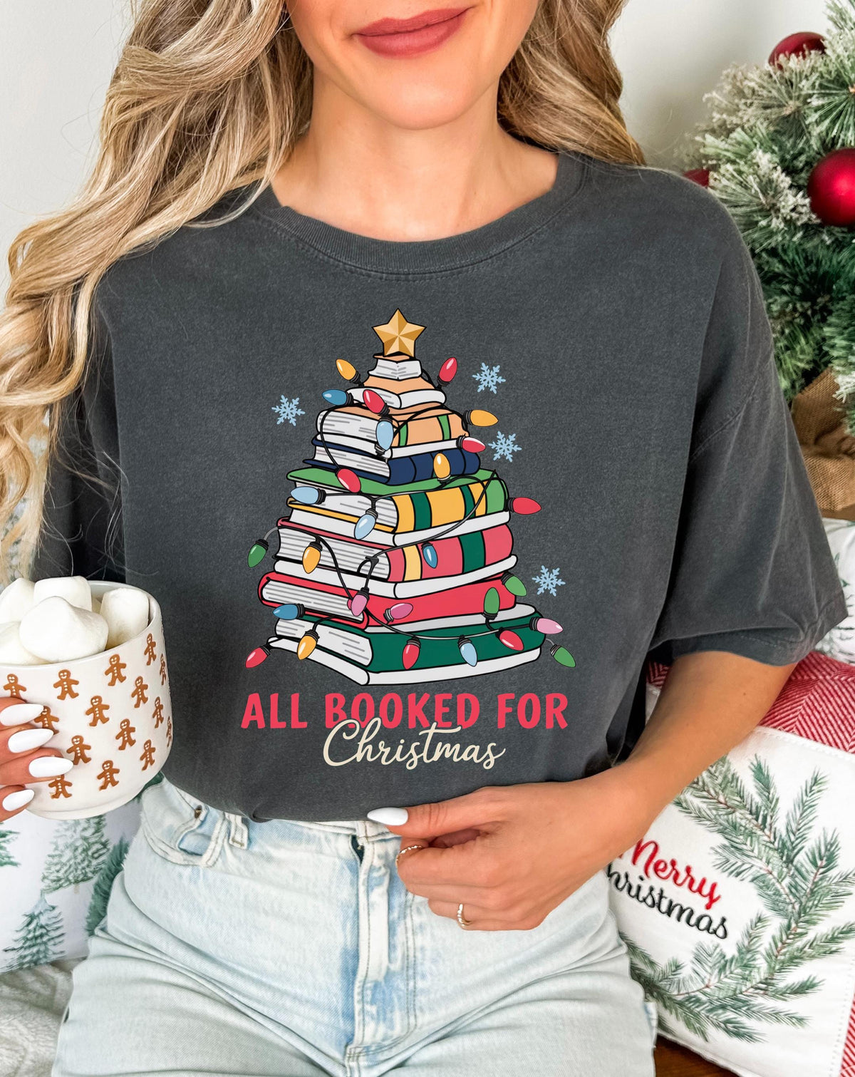 All Booked for Christmas Comfort Colors® T-shirt, Christmas Book Tree Shirt, Bookish Christmas Lights Long Sleeve, Teacher Xmas Gift Tee