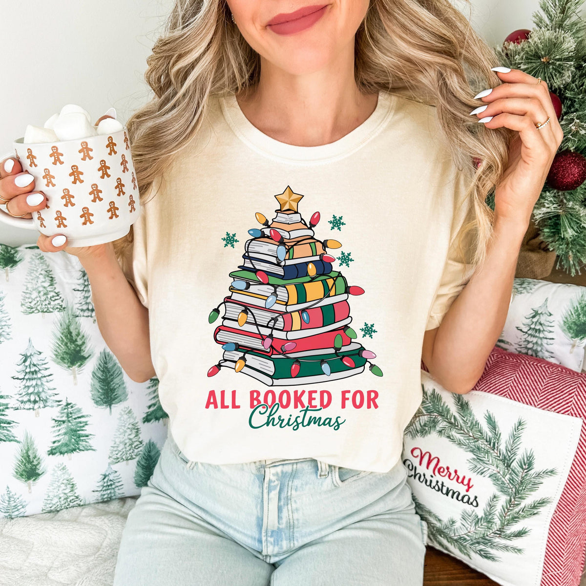 All Booked for Christmas Comfort Colors® T-shirt, Christmas Book Tree Shirt, Bookish Christmas Lights Long Sleeve, Teacher Xmas Gift Tee