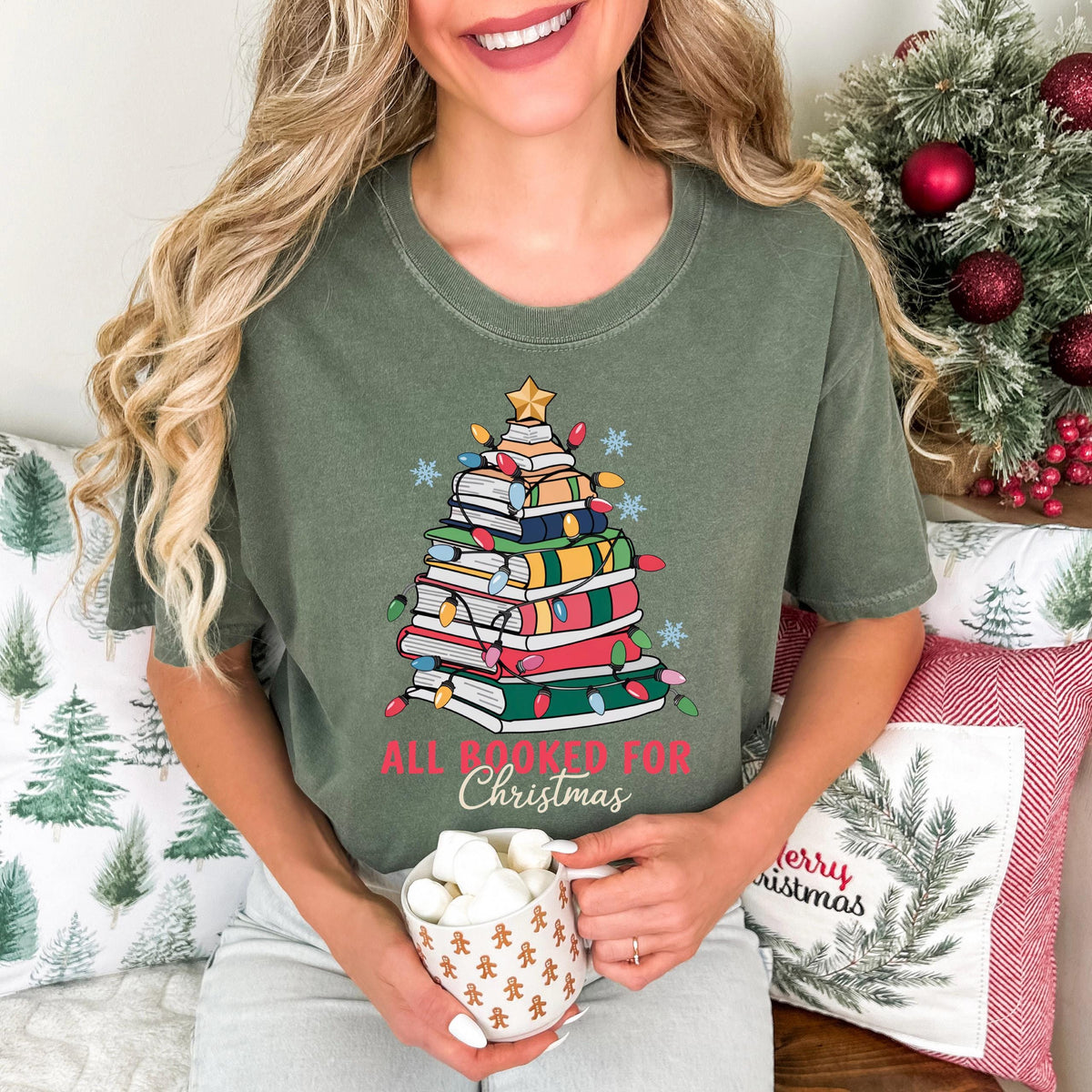 All Booked for Christmas Comfort Colors® T-shirt, Christmas Book Tree Shirt, Bookish Christmas Lights Long Sleeve, Teacher Xmas Gift Tee