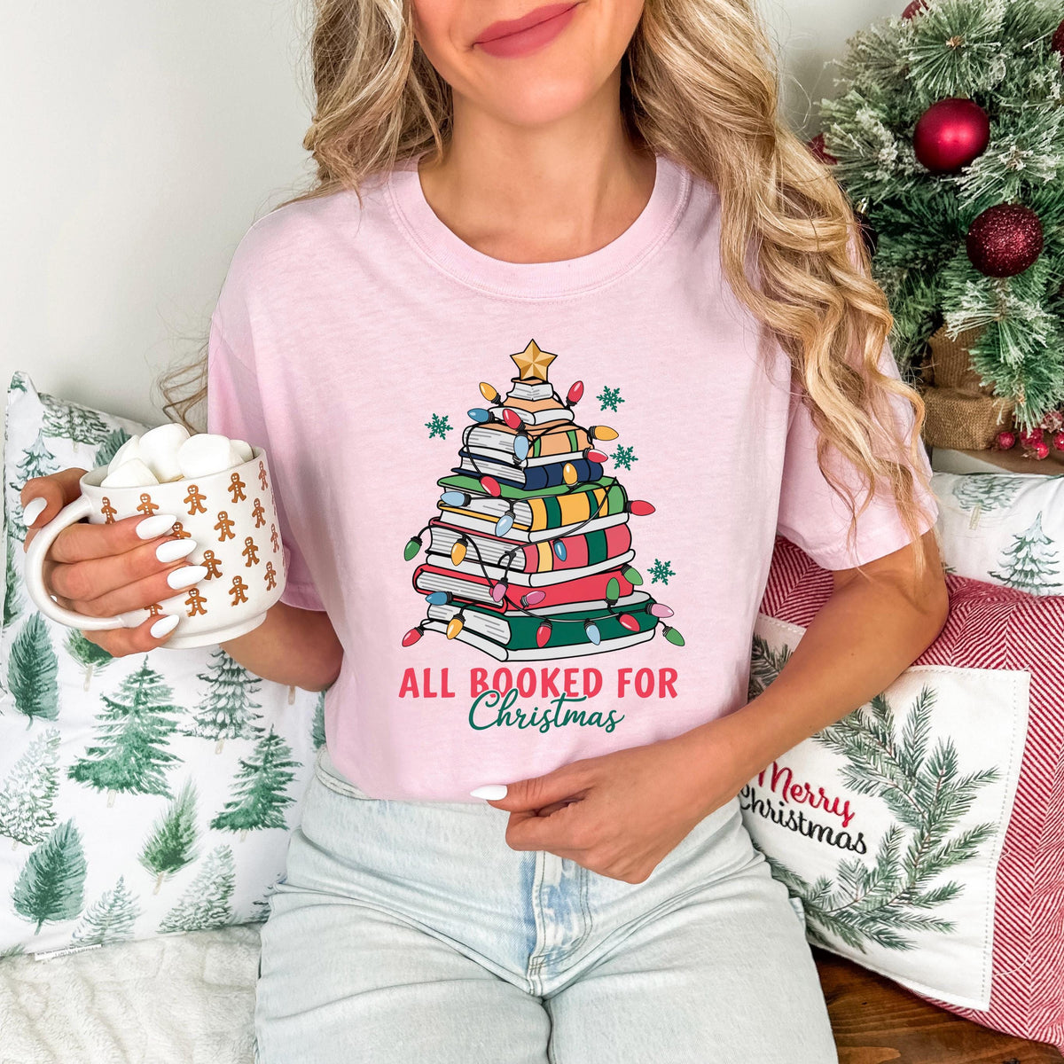 All Booked for Christmas Comfort Colors® T-shirt, Christmas Book Tree Shirt, Bookish Christmas Lights Long Sleeve, Teacher Xmas Gift Tee