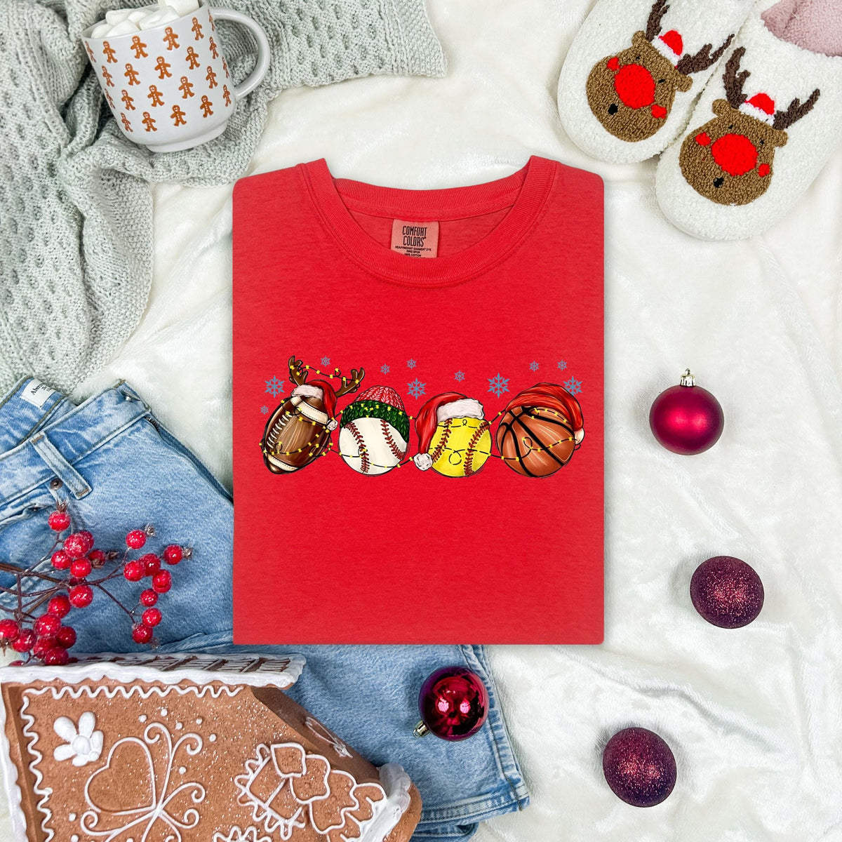Sports Lovers Christmas Comfort Colors® Shirt, Holiday Season Sport Dad T-Shirt, Festive Sports Balls Crewneck Tee, Xmas Theme Sport Gift