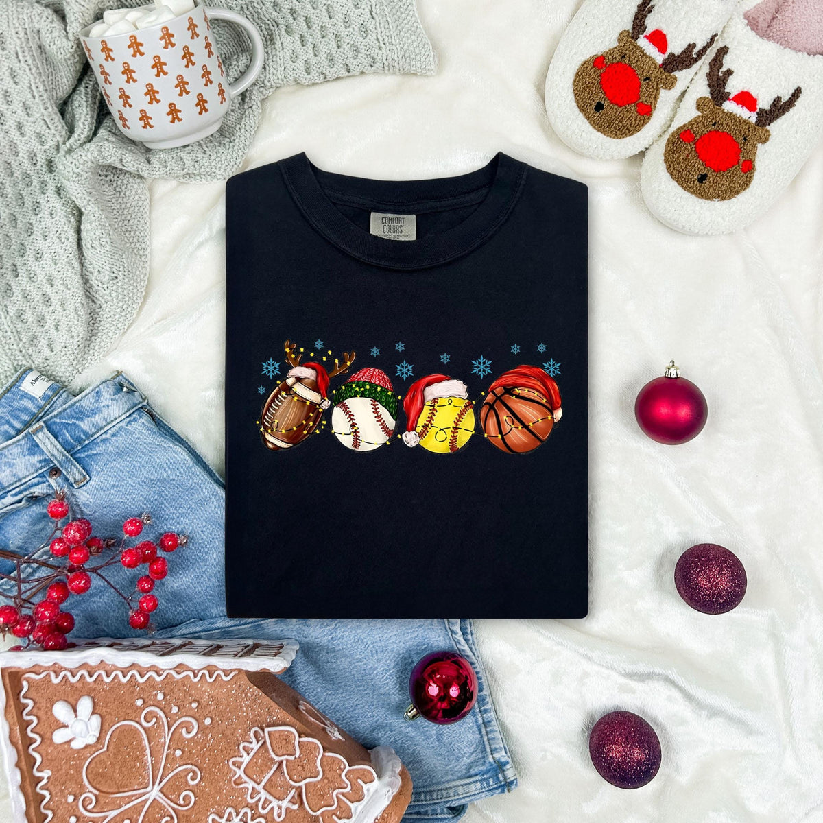 Sports Lovers Christmas Comfort Colors® Shirt, Holiday Season Sport Dad T-Shirt, Festive Sports Balls Crewneck Tee, Xmas Theme Sport Gift
