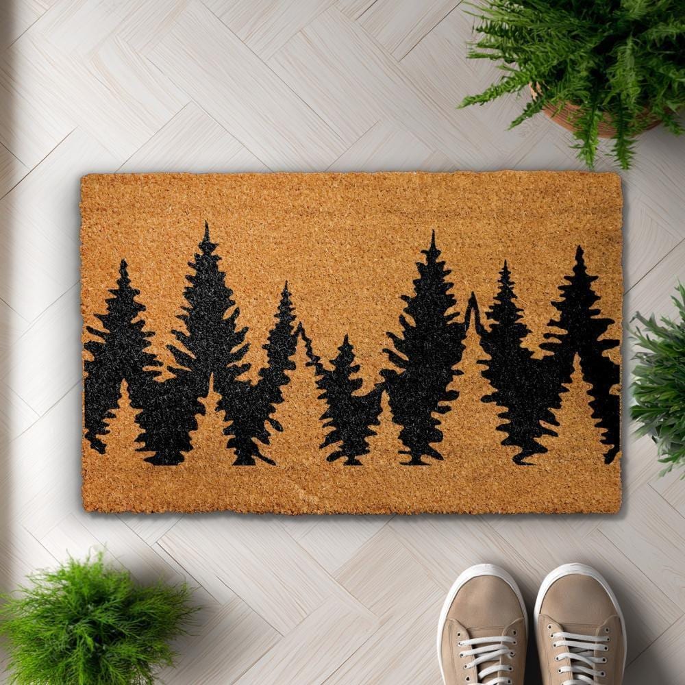 Treeline Doormat, Forest Welcome Mat, Pine Tree Silhouette Coir Mat, Rustic Cabin Decor