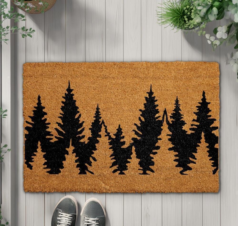 Treeline Doormat, Forest Welcome Mat, Pine Tree Silhouette Coir Mat, Rustic Cabin Decor