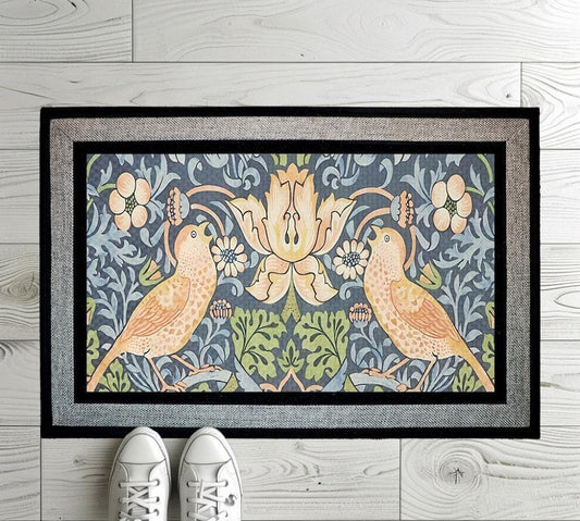 Vintage Floral Bird Doormat, Cottagecore Porch Decor, Botanical Birds Front Door Mat