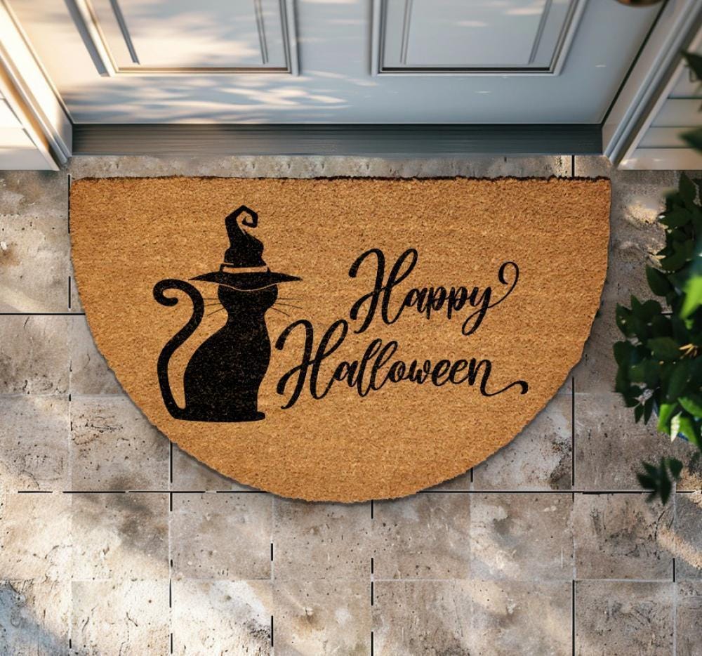 Happy Halloween Doormat, Witchy Black Cat Welcome Mat, Spooky Season Home Decor