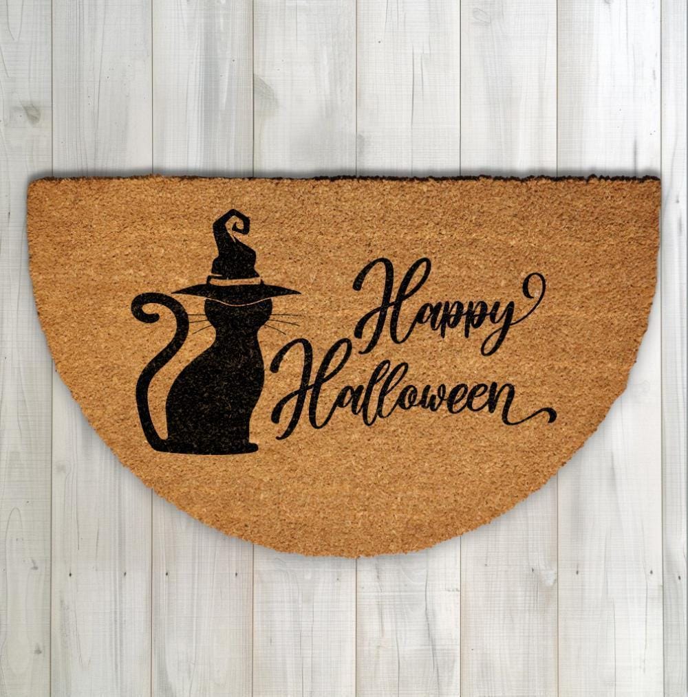 Happy Halloween Doormat, Witchy Black Cat Welcome Mat, Spooky Season Home Decor