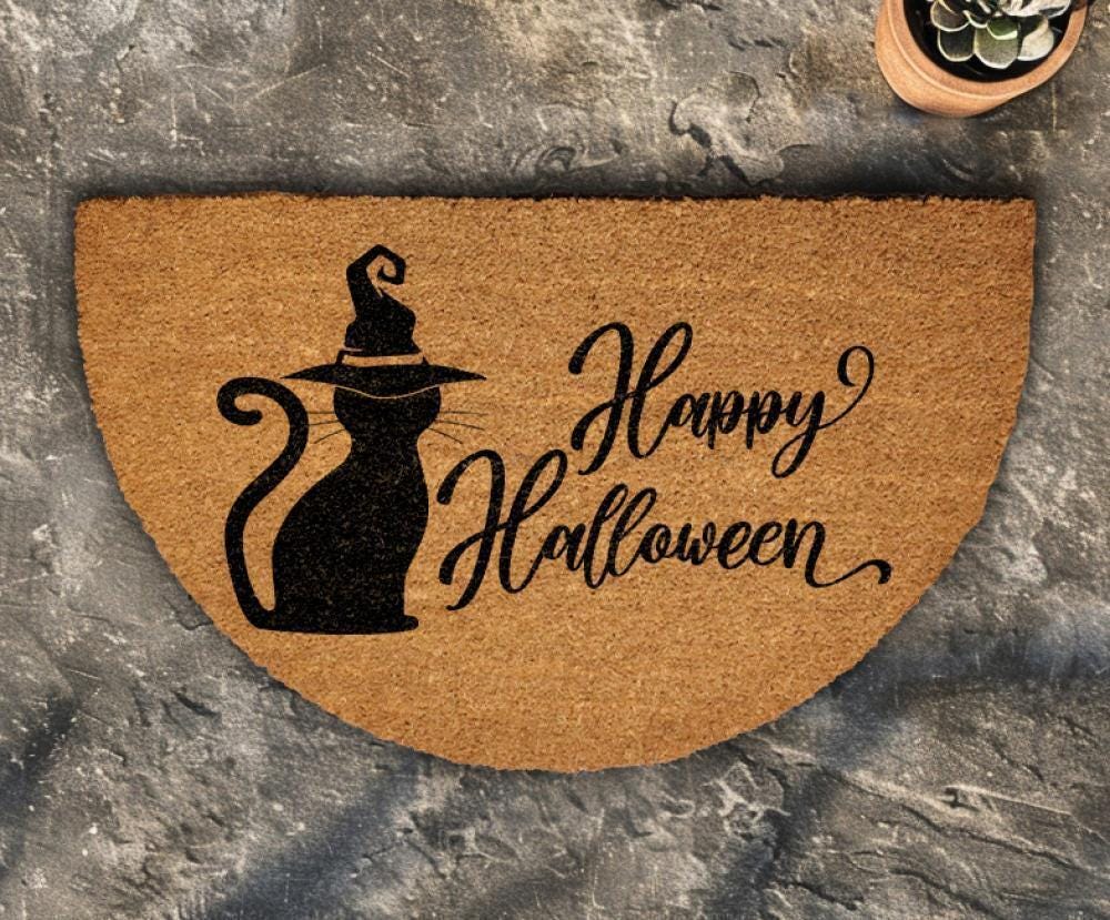 Happy Halloween Doormat, Witchy Black Cat Welcome Mat, Spooky Season Home Decor