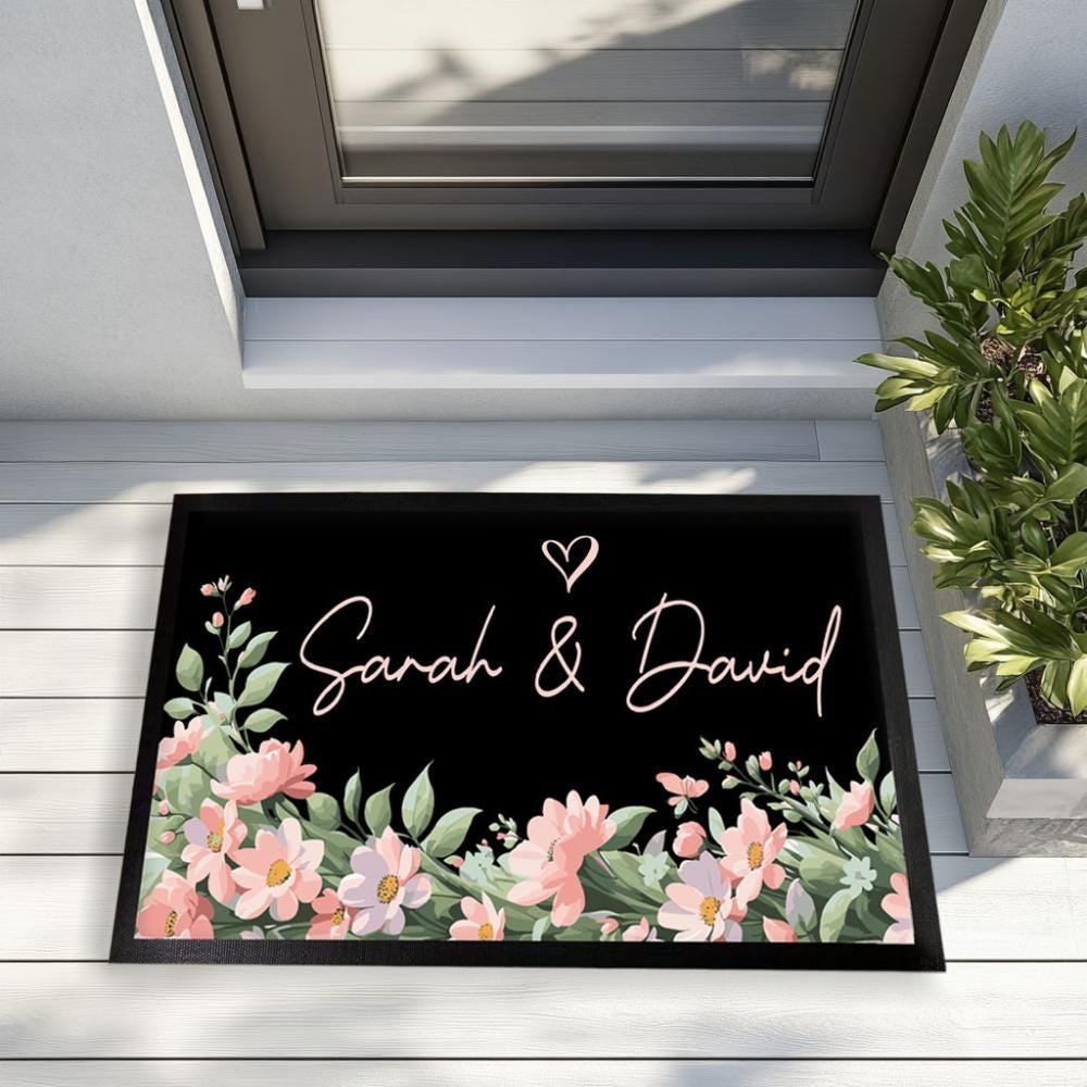 Custom Couple Names Doormat, Floral Wedding Anniversary Entry Rug
