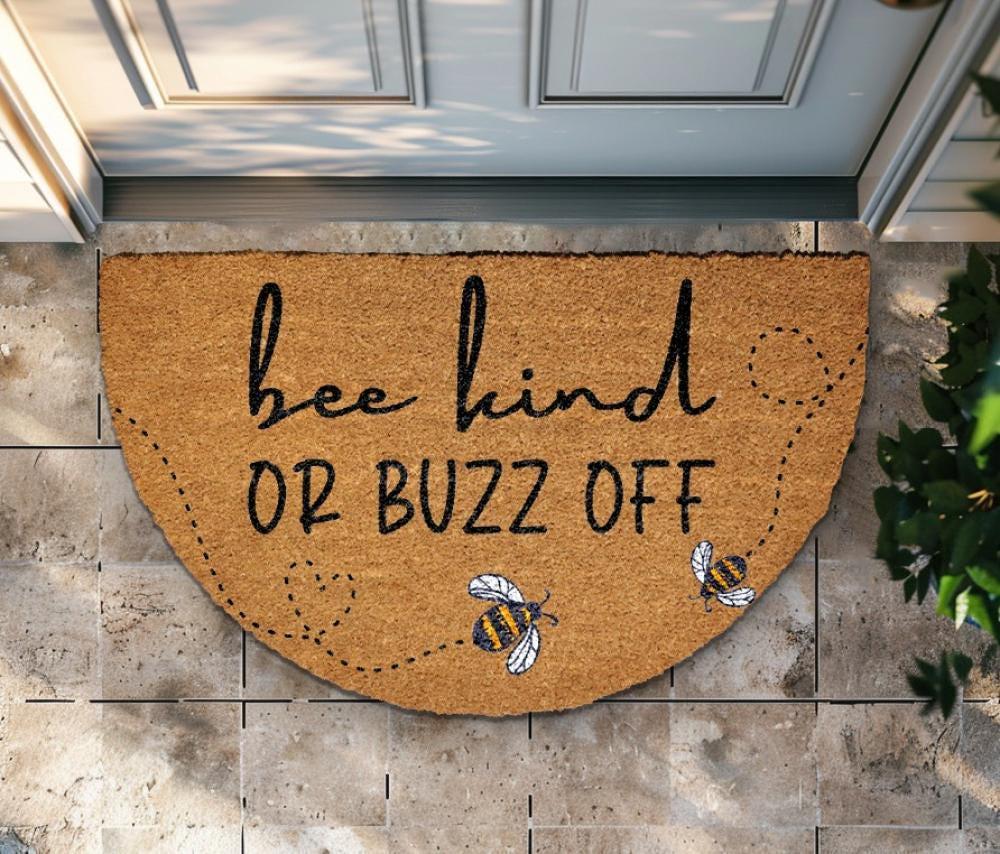 Bee Kind Or Buzz Off Doormat, Bumblebee Welcome Mat, Funny Home Entryway Decor