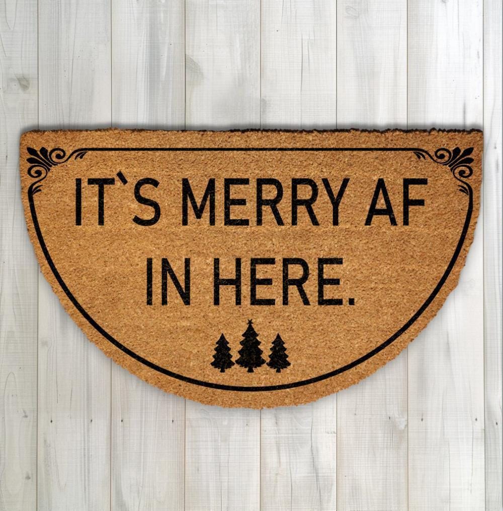 Merry AF Doormat, Funny Christmas Porch Decor, Festive Welcome Mat, Xmas Trees Rug