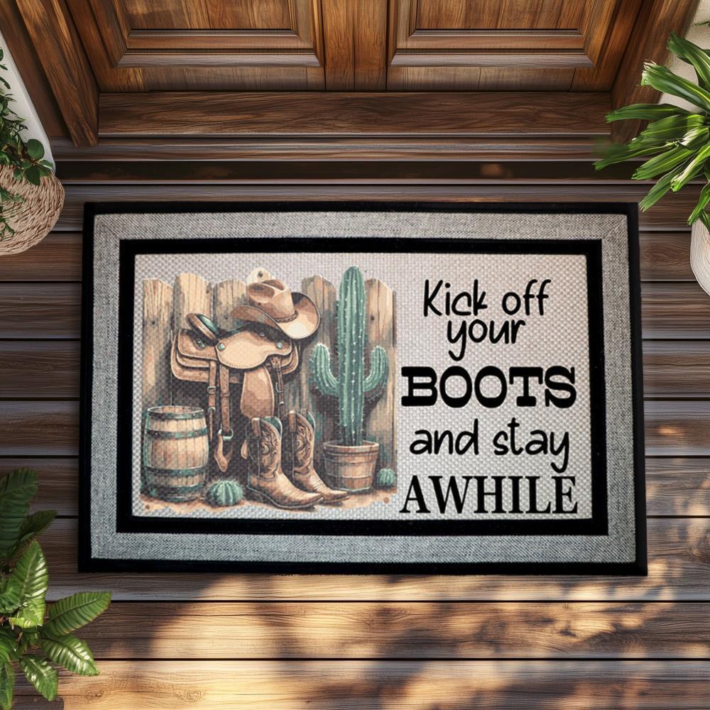 Kick Off Your Boots and Stay Awhile Doormat, Western Welcome Door Mat, Cowboy Boots Mat