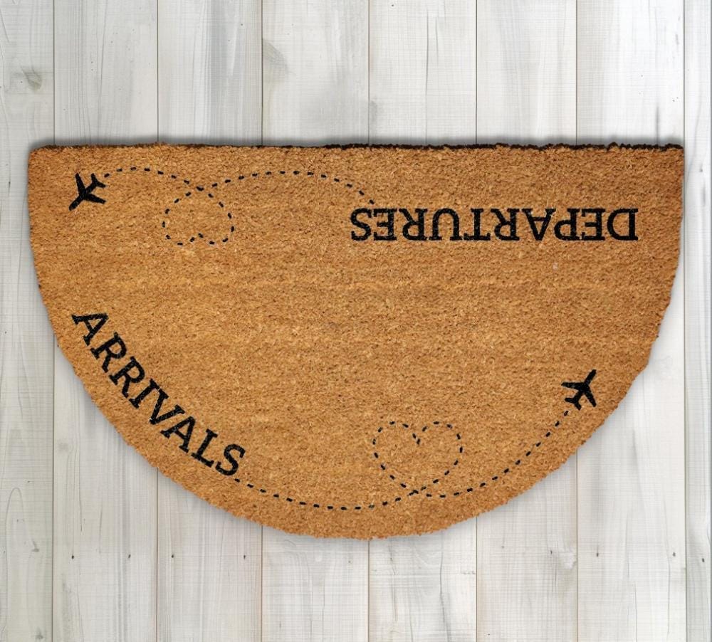 Arrivals & Departures Doormat, Funny Airplane Welcome Mat, Flight Attendant Home Decor