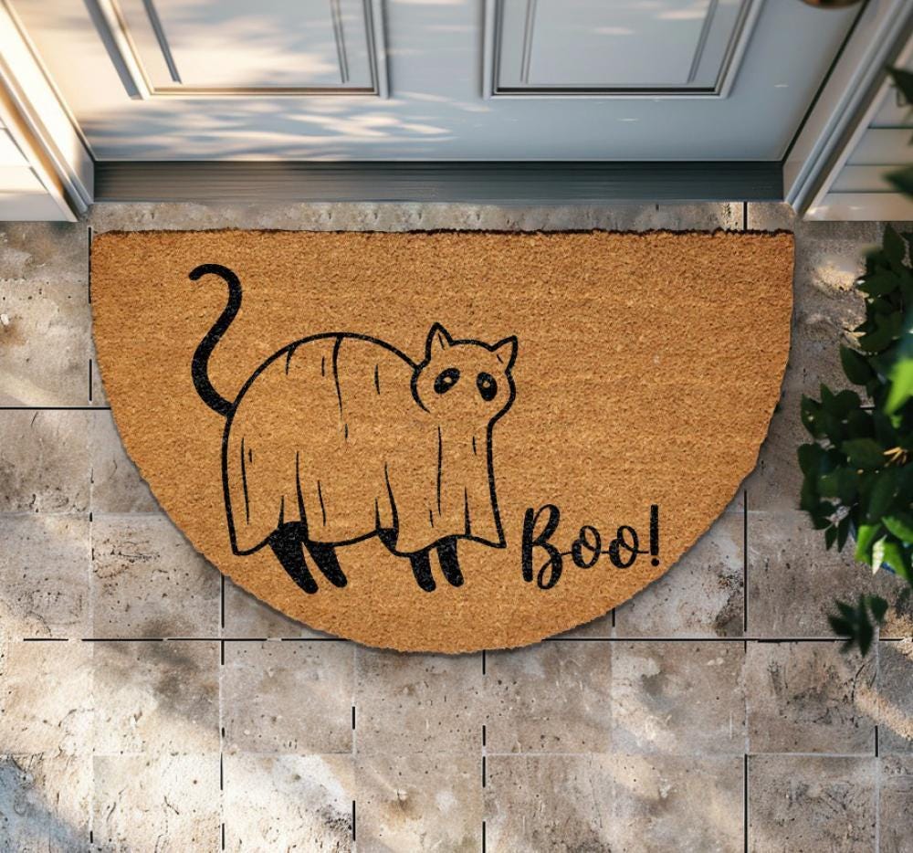 Funny Ghost Cat Doormat, Spooky Cat Front Porch Rug, Boo Kitty Welcome Mat
