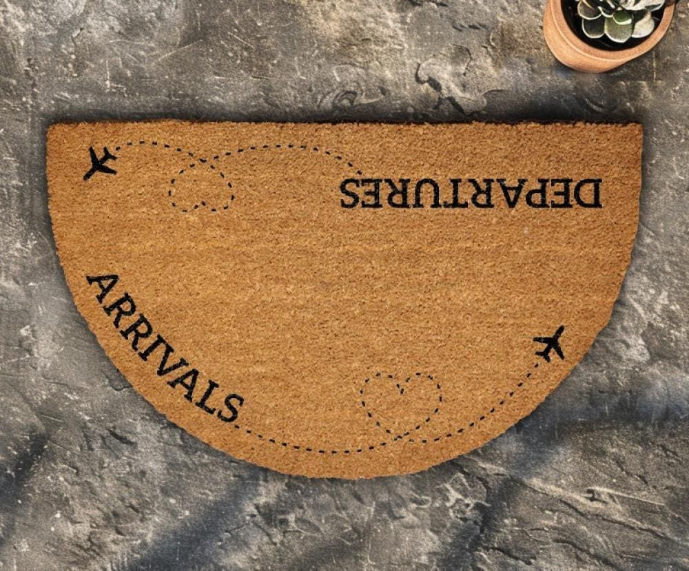 Arrivals & Departures Doormat, Funny Airplane Welcome Mat, Flight Attendant Home Decor