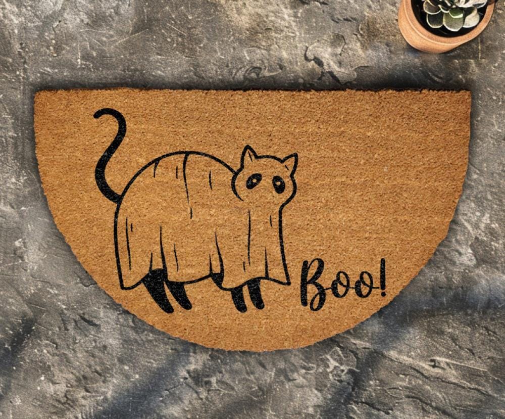 Funny Ghost Cat Doormat, Spooky Cat Front Porch Rug, Boo Kitty Welcome Mat