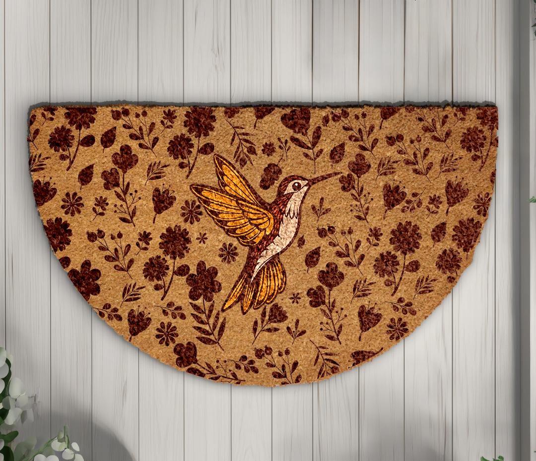 Hummingbird Floral Doormat, Natural Coir Welcome Mat, Semi Circle Outdoor Rug